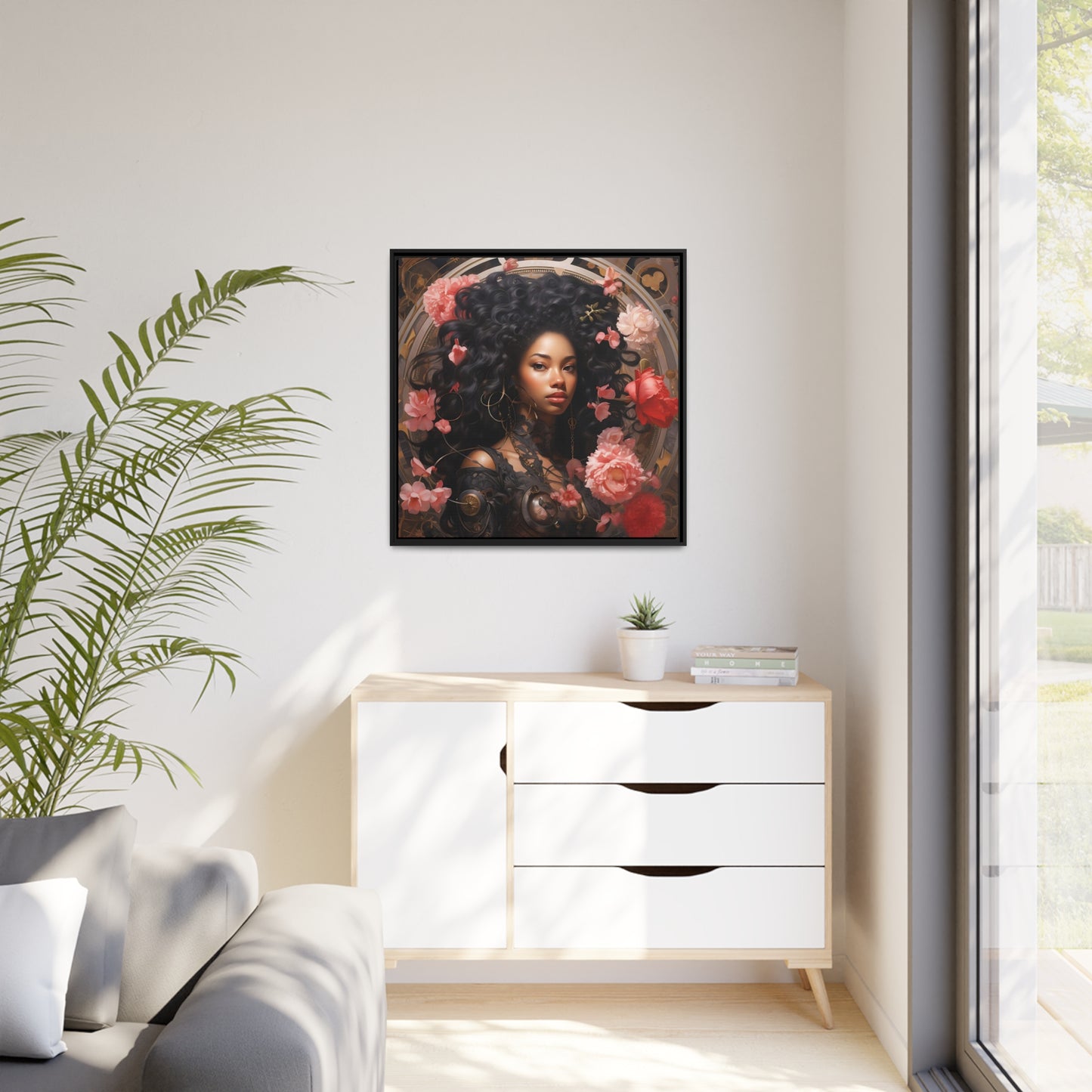 Afrofuturisme canvas digitale kunst van een mooie vrouw met bloemen - mat canvas, zwart frame, kunst aan de muur, cadeau-ideeën, zwarte kunst