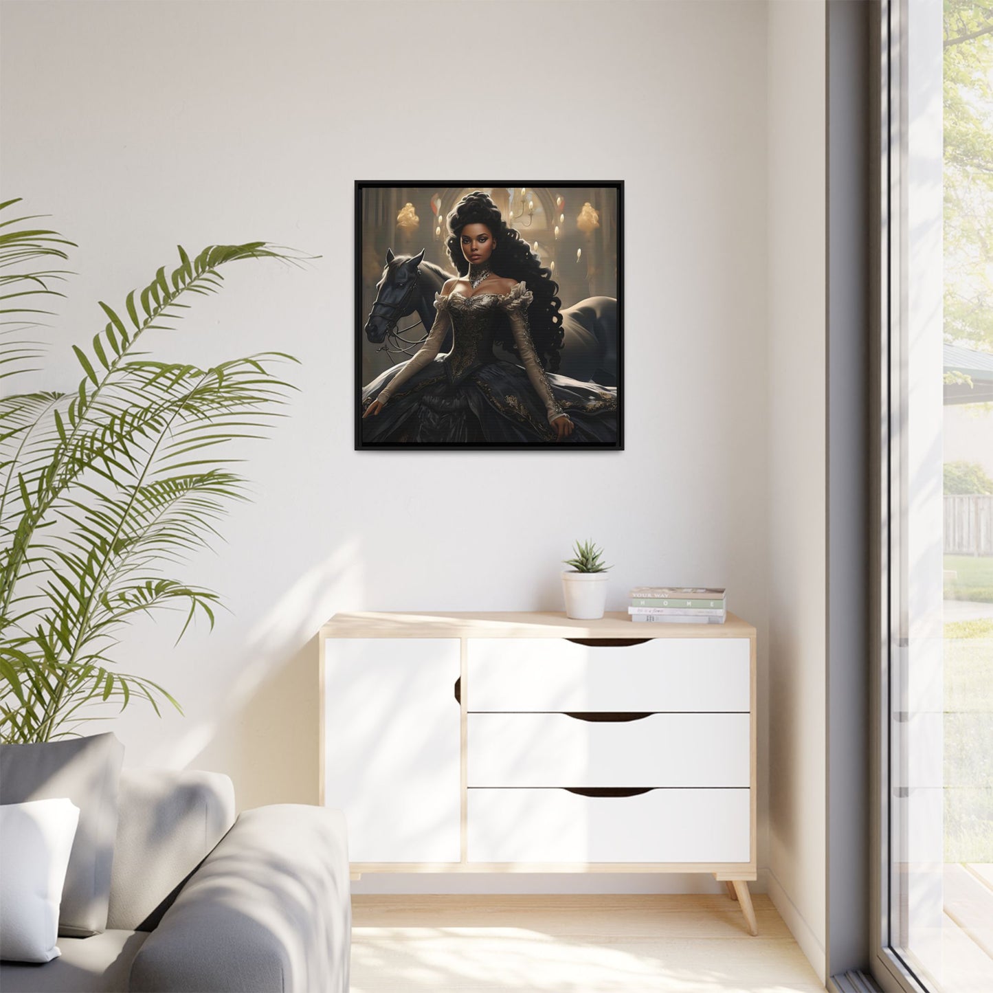 Enchanting Digital Canvas Print of a Beautiful Black Princess with Her Horse - Canvas, Black Frame - Wall Art - Fairytale Ai Art