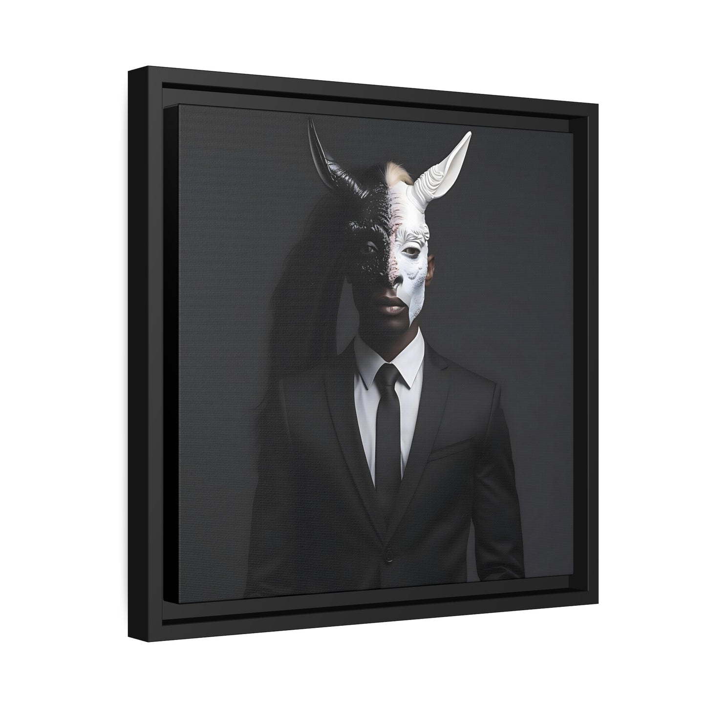 Digital Canvas Print - Man in Black Suit with Merging Horse/Unicorn Head - Dark Art, Surreal Wall Decor - Matte Canvas, Black Frame