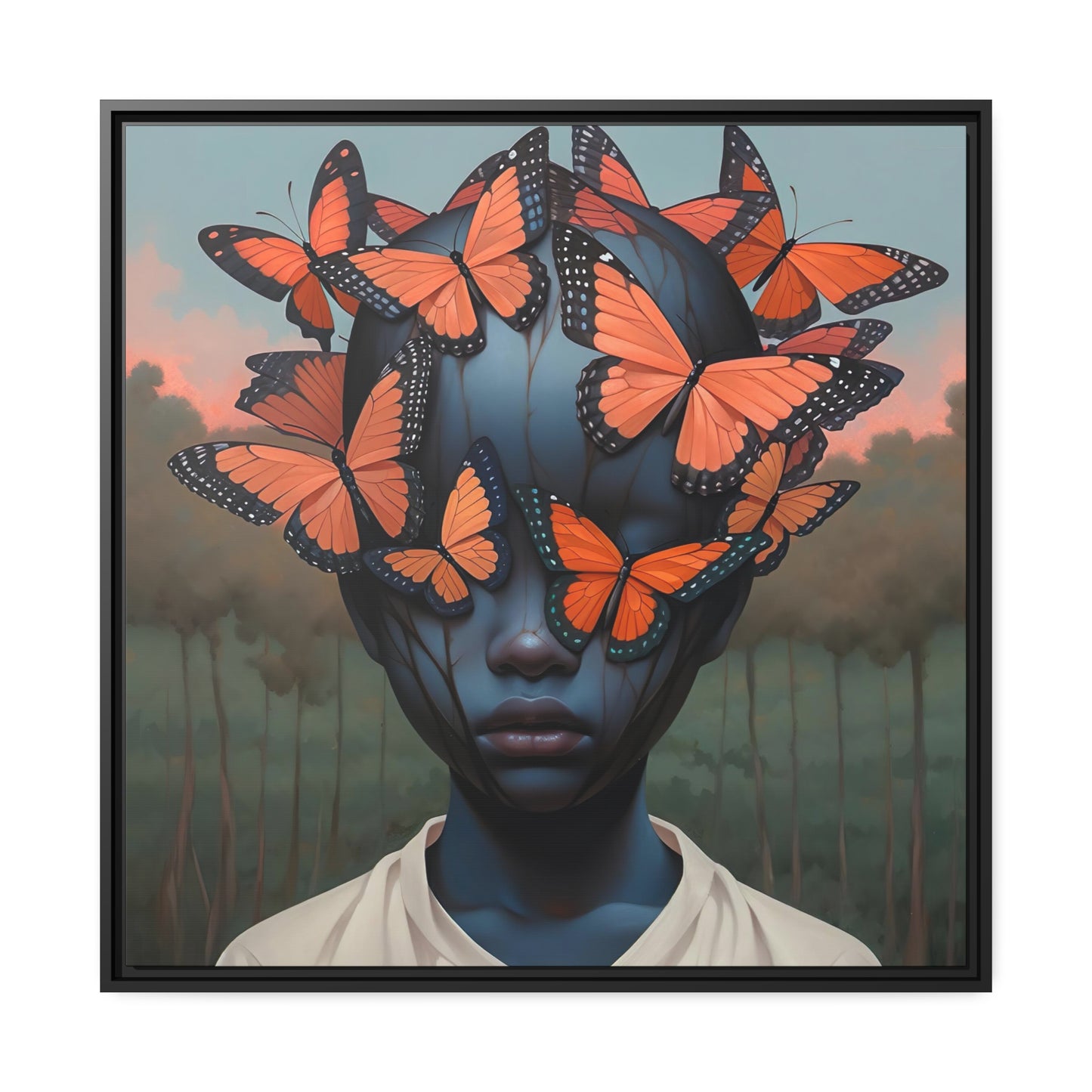 Emotive Digital Canvas Print:  Emotional Butterfly Face - Unique Wall Art Decor - Matte Canvas, Black Frame