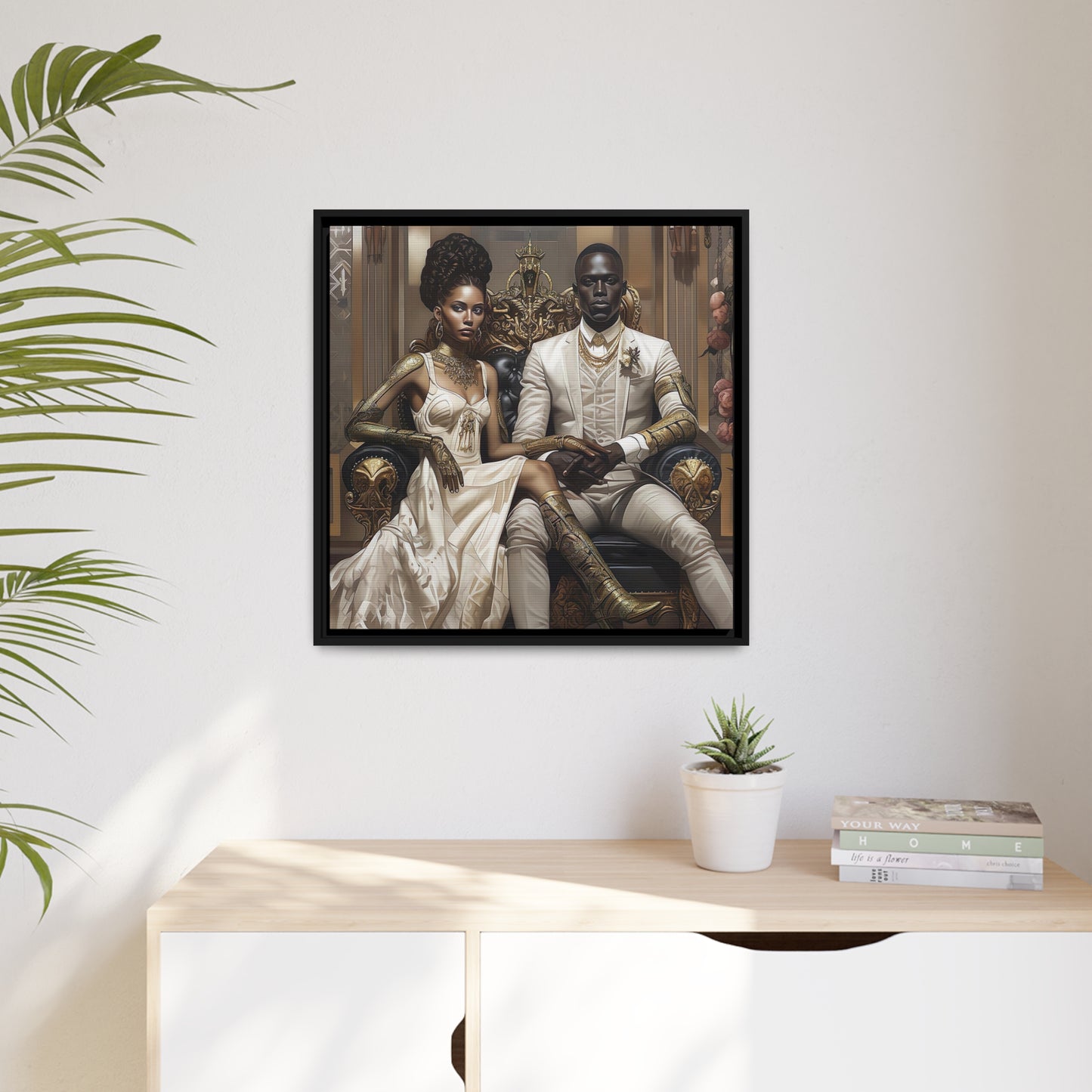 Regal Couple Matte Canvas, Black Frame - Wall Art - Black Art - Ai Art --- Wall Art - Afrofuturism