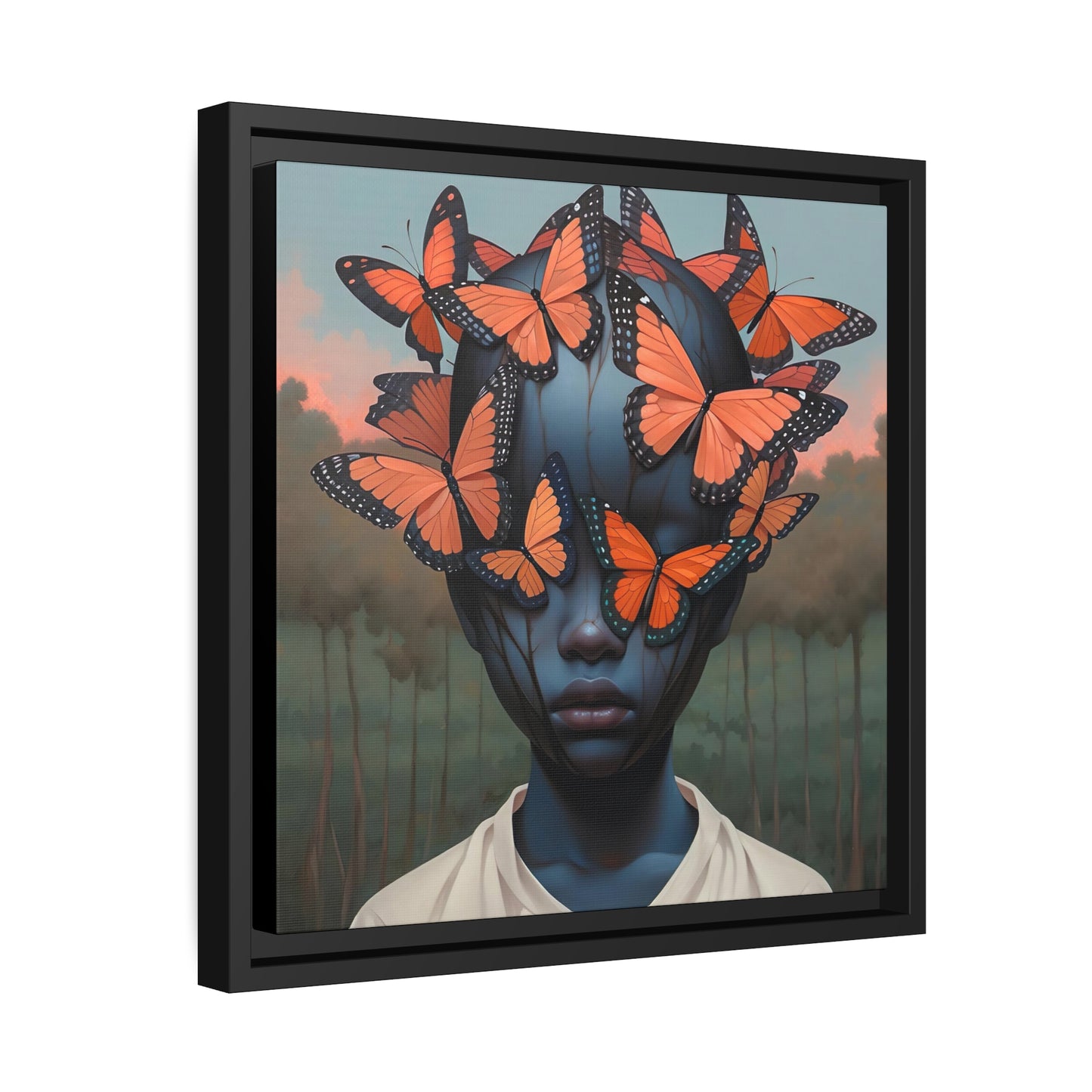 Emotive Digital Canvas Print:  Emotional Butterfly Face - Unique Wall Art Decor - Matte Canvas, Black Frame