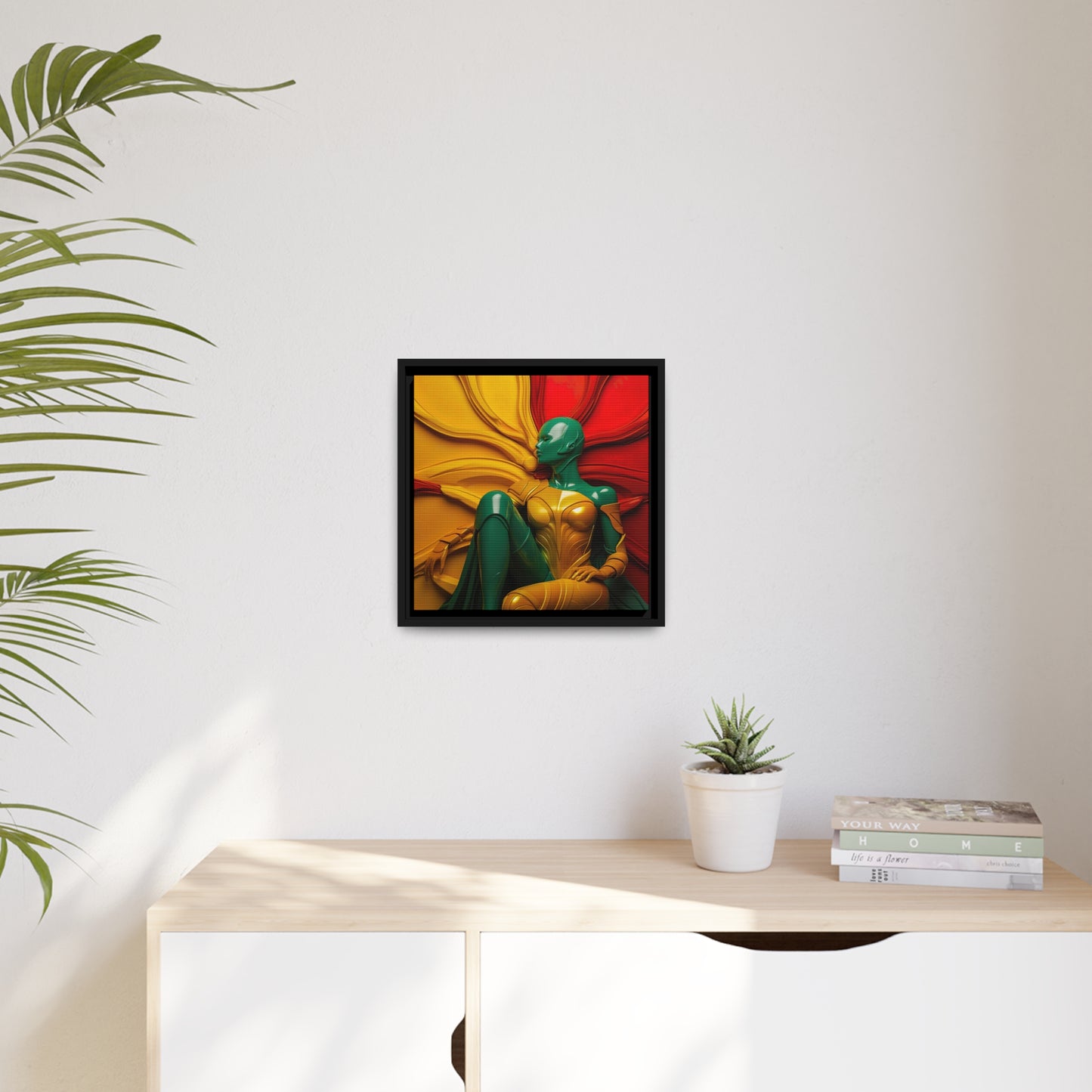 Samengevoegd in kunststof - rood, geel en groen muurkunst mat canvas, zwart frame - muurkunst - cadeau-ideeën - woondecoratie