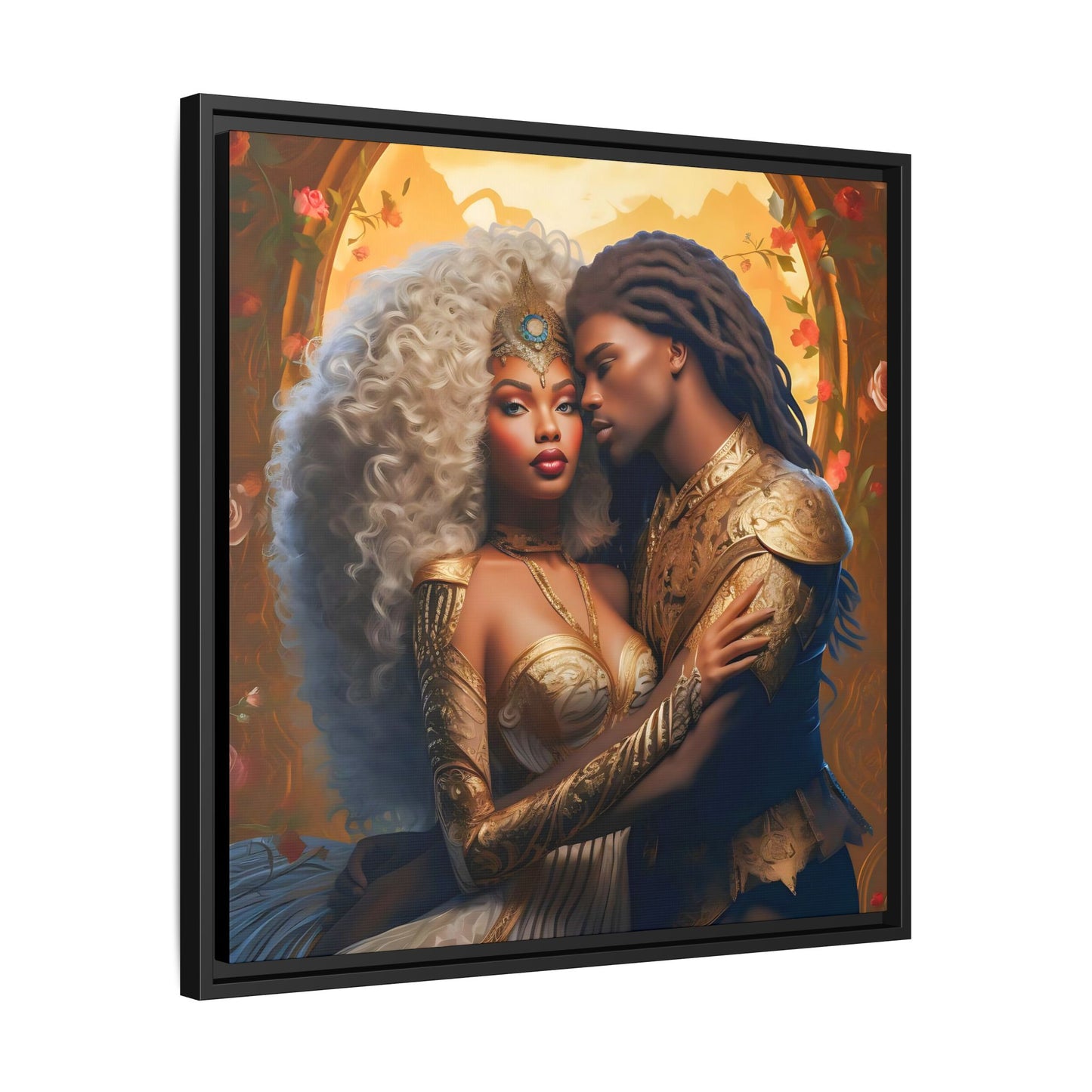 Black Goddess and Prince Fantasy Gold Digital Canvas Print - Matte Canvas, Black Frame - Wall Art - Black Fantasy - Art - Home Decor