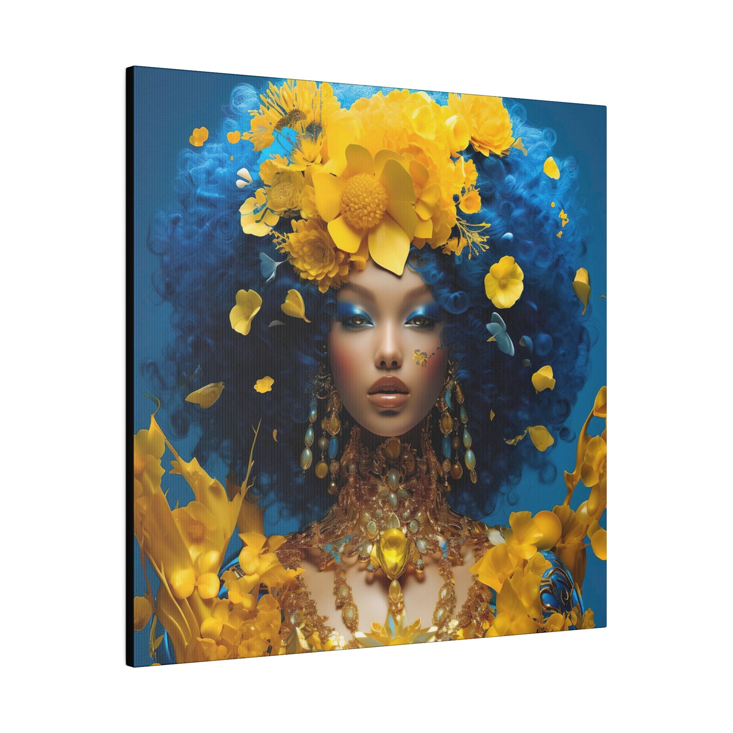 Oogverblindende digitale canvasprint: mooie vrouw met blauw haar en gouden juwelen - hedendaagse kunst aan de muur decor - mat canvas, uitgerekt, 0,75"