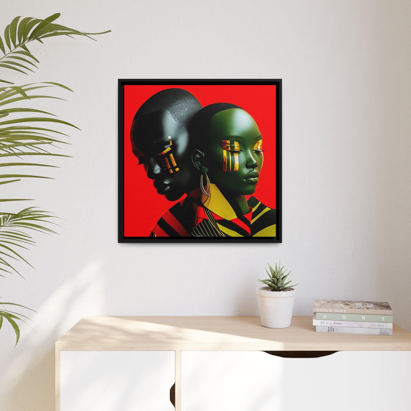 Modern Abstract Canvas Print of Black Couple - Red, Gold, Green, Black Art - Contemporary Wall Decor - Matte Canvas, Black Frame