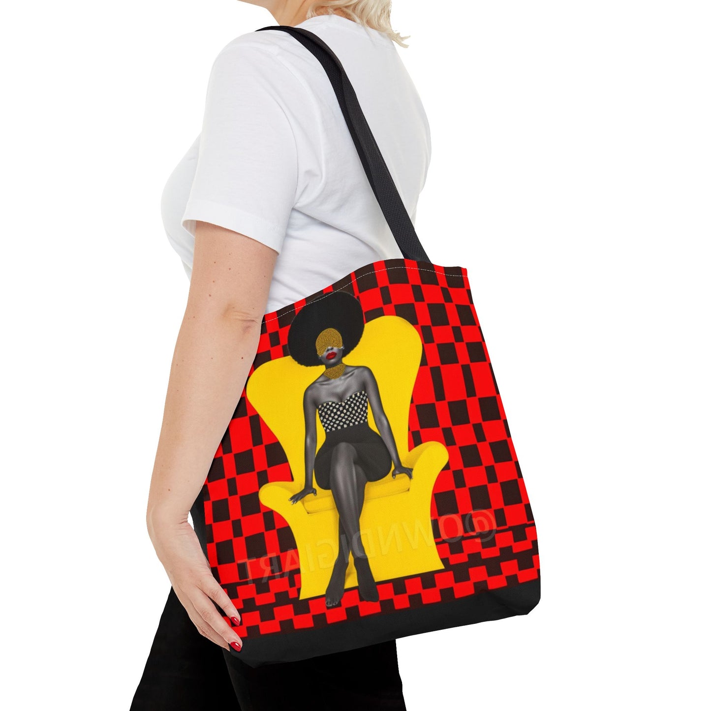 Afrocentric Abstract Print - Elegant Woman with Afro on Chair - Tote Bag - Gift Idea - Fashion Accessory