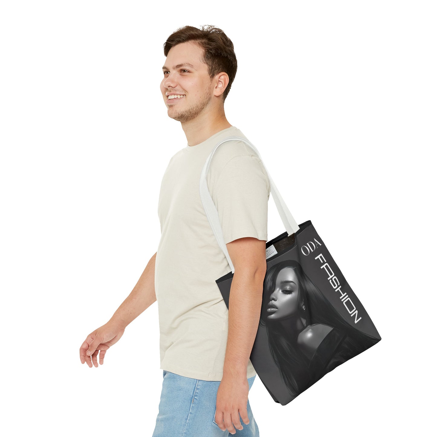 Chic Tote Bag with Digital Print - Woman in Black and Grey - 'ODA Fashion' Statement Piece - Unique Gift Idea - On Trend