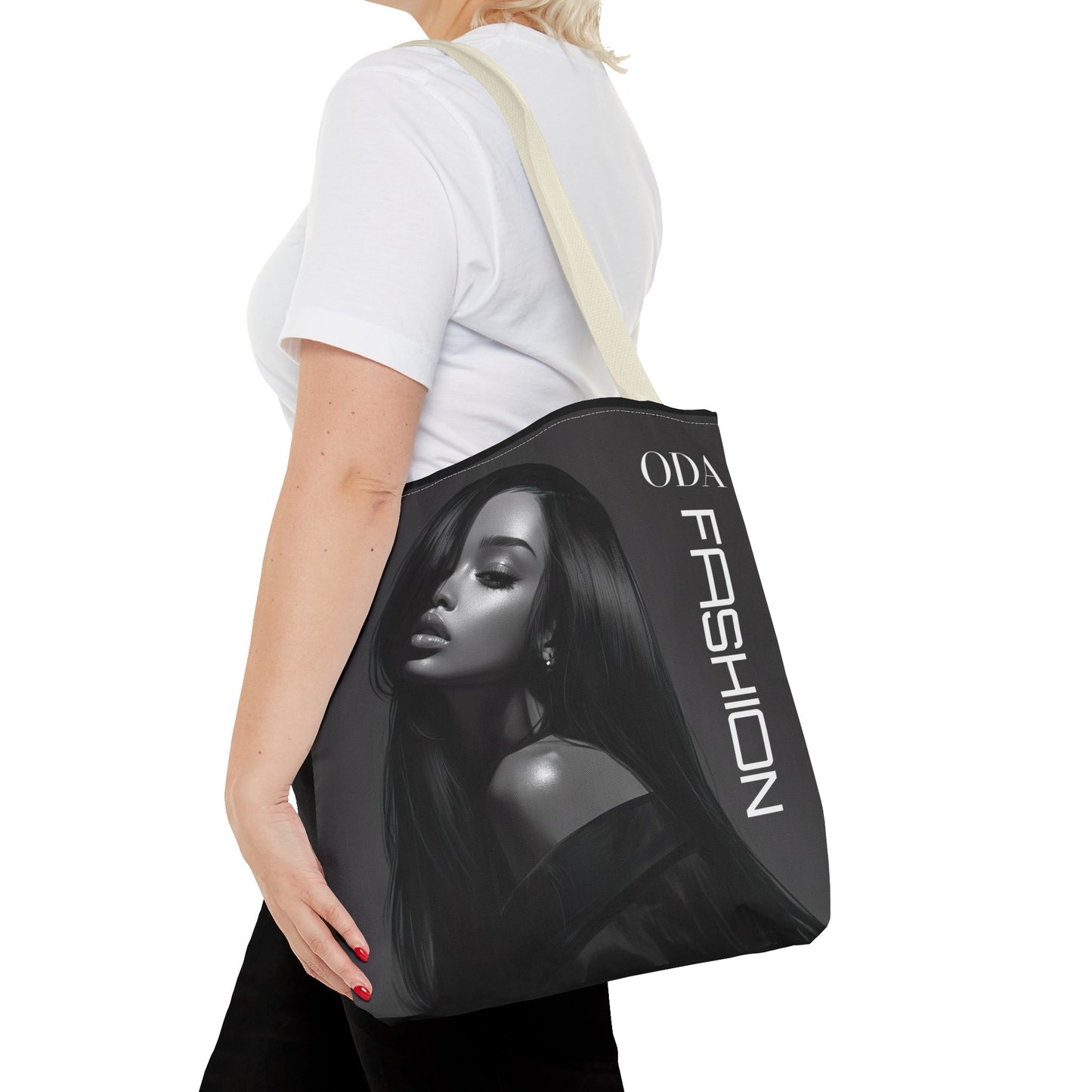 Chic Tote Bag with Digital Print - Woman in Black and Grey - 'ODA Fashion' Statement Piece - Unique Gift Idea - On Trend