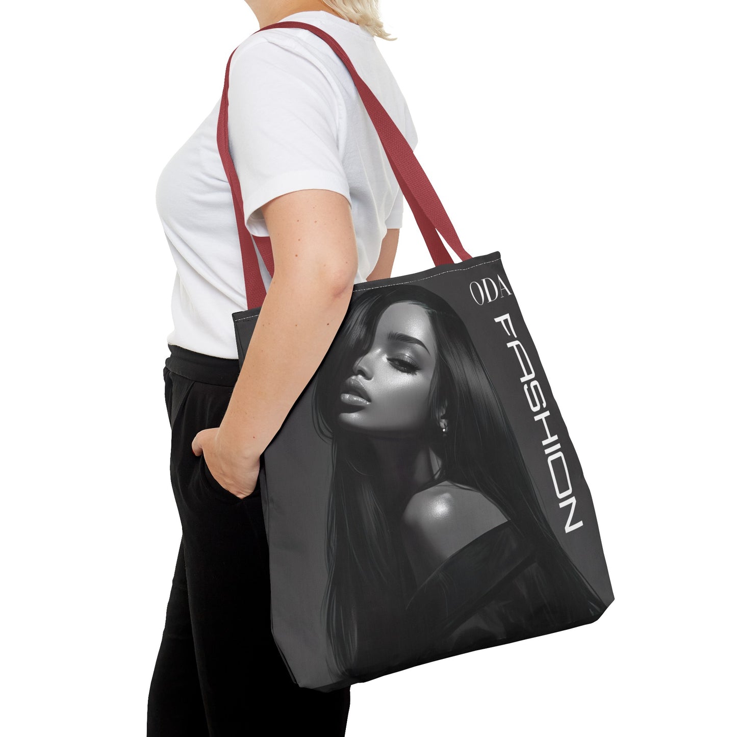 Chic Tote Bag with Digital Print - Woman in Black and Grey - 'ODA Fashion' Statement Piece - Unique Gift Idea - On Trend