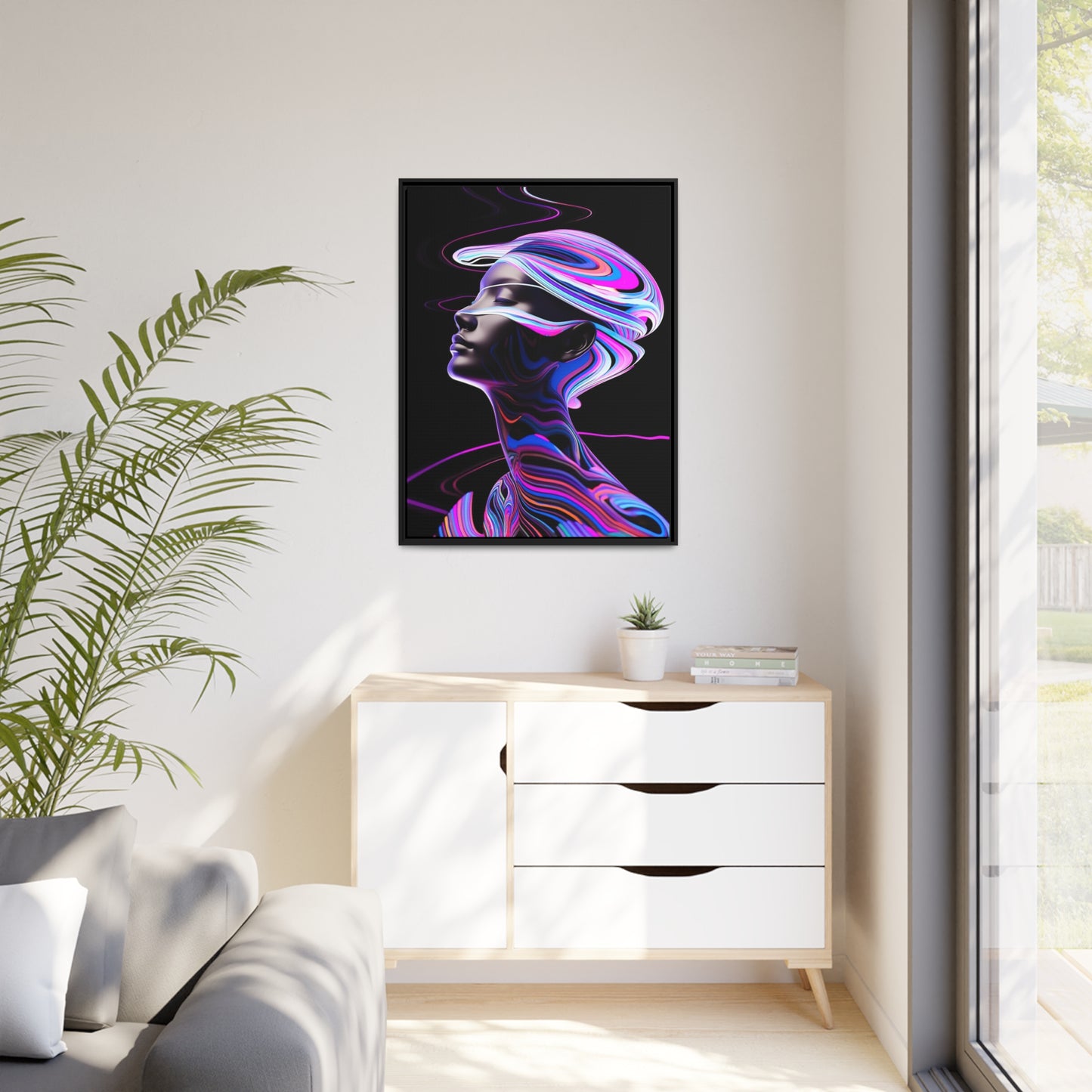 Neon Swirls - Futuristisch en kosmisch - Mat canvas, zwart frame