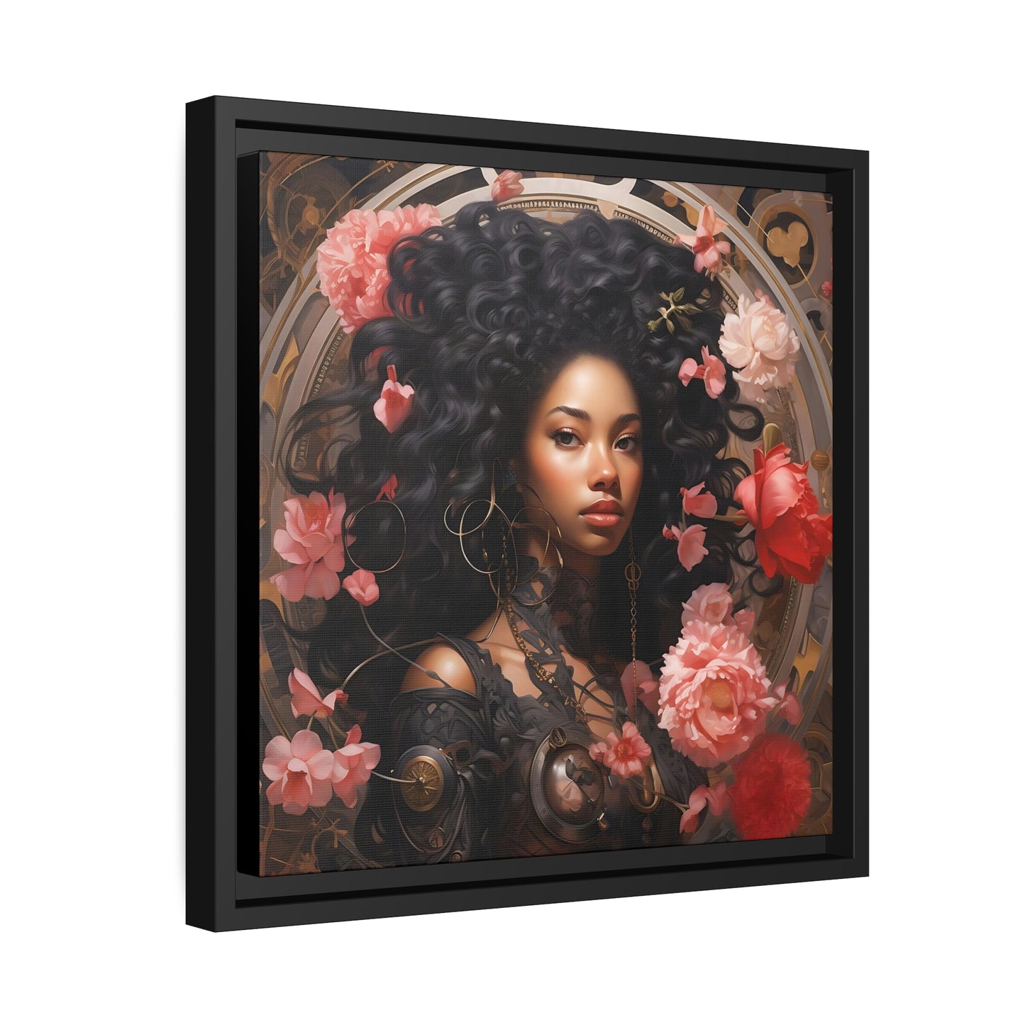 Afrofuturisme canvas digitale kunst van een mooie vrouw met bloemen - mat canvas, zwart frame, kunst aan de muur, cadeau-ideeën, zwarte kunst