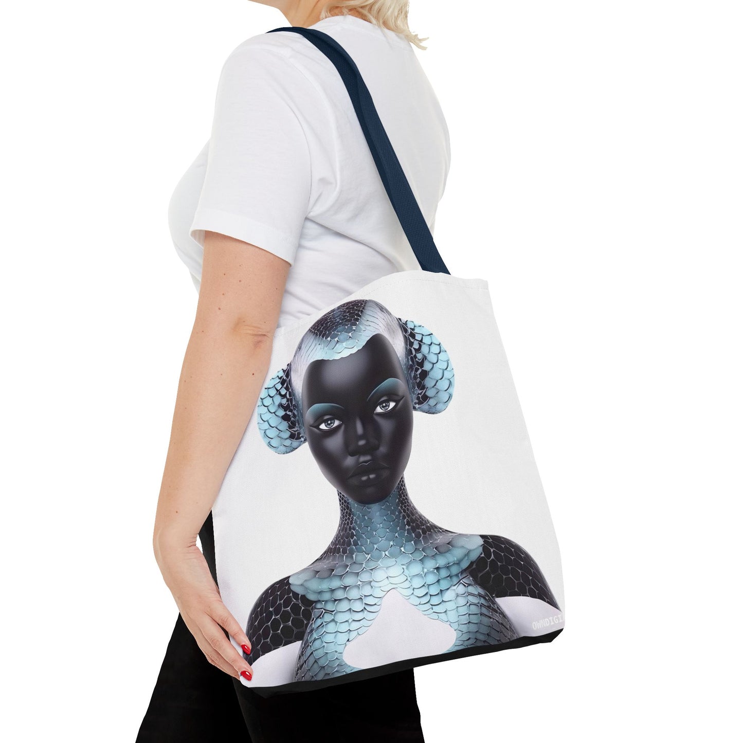 Blue Texture - AI Art - Abstract Woman with Fish Scale Textures - Tote Bag - Gift Idea - Fashion Accessories - Black Art