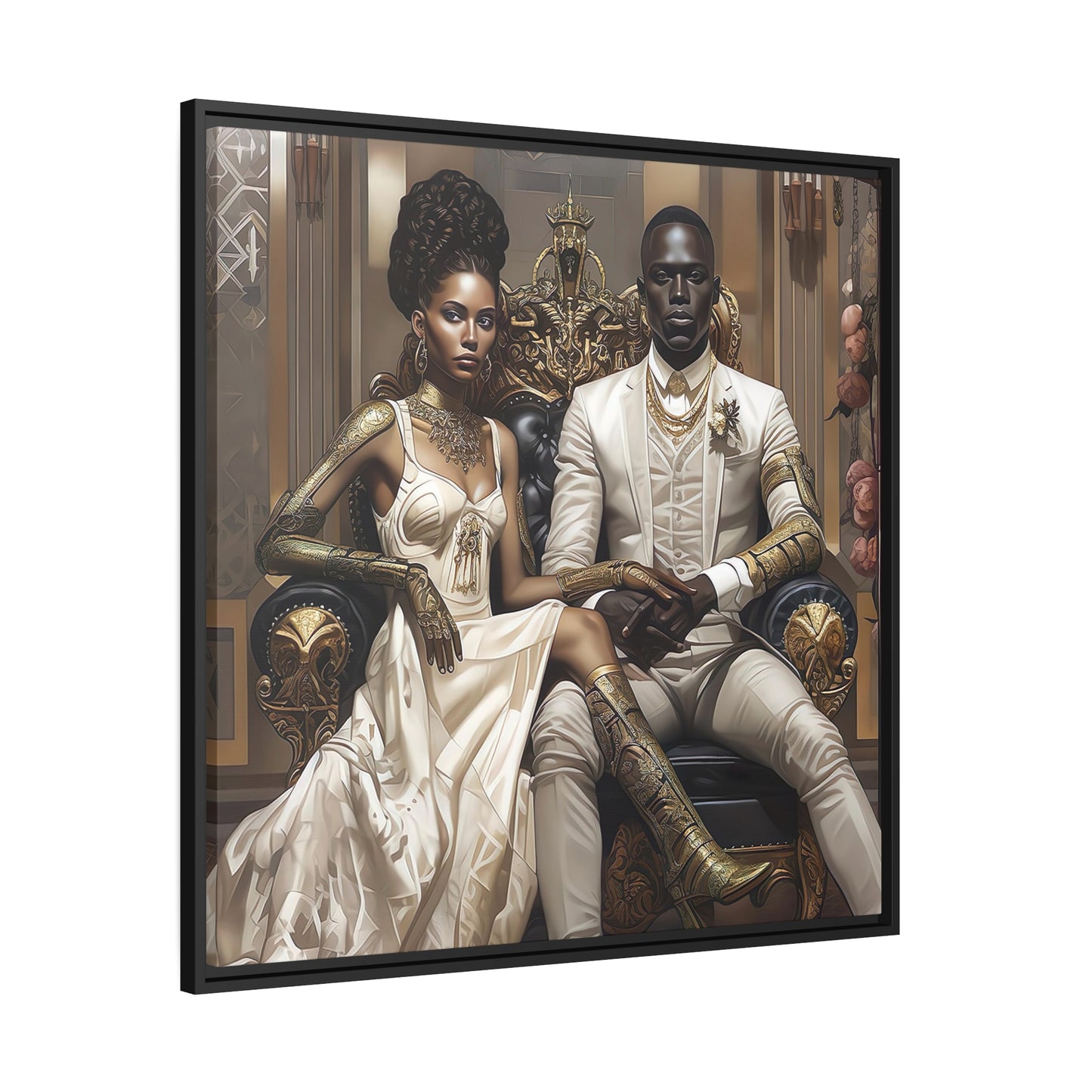 Regal Couple Matte Canvas, Zwart Frame - Muurkunst - Zwarte kunst - Ai Art --- Muurkunst - Afrofuturisme