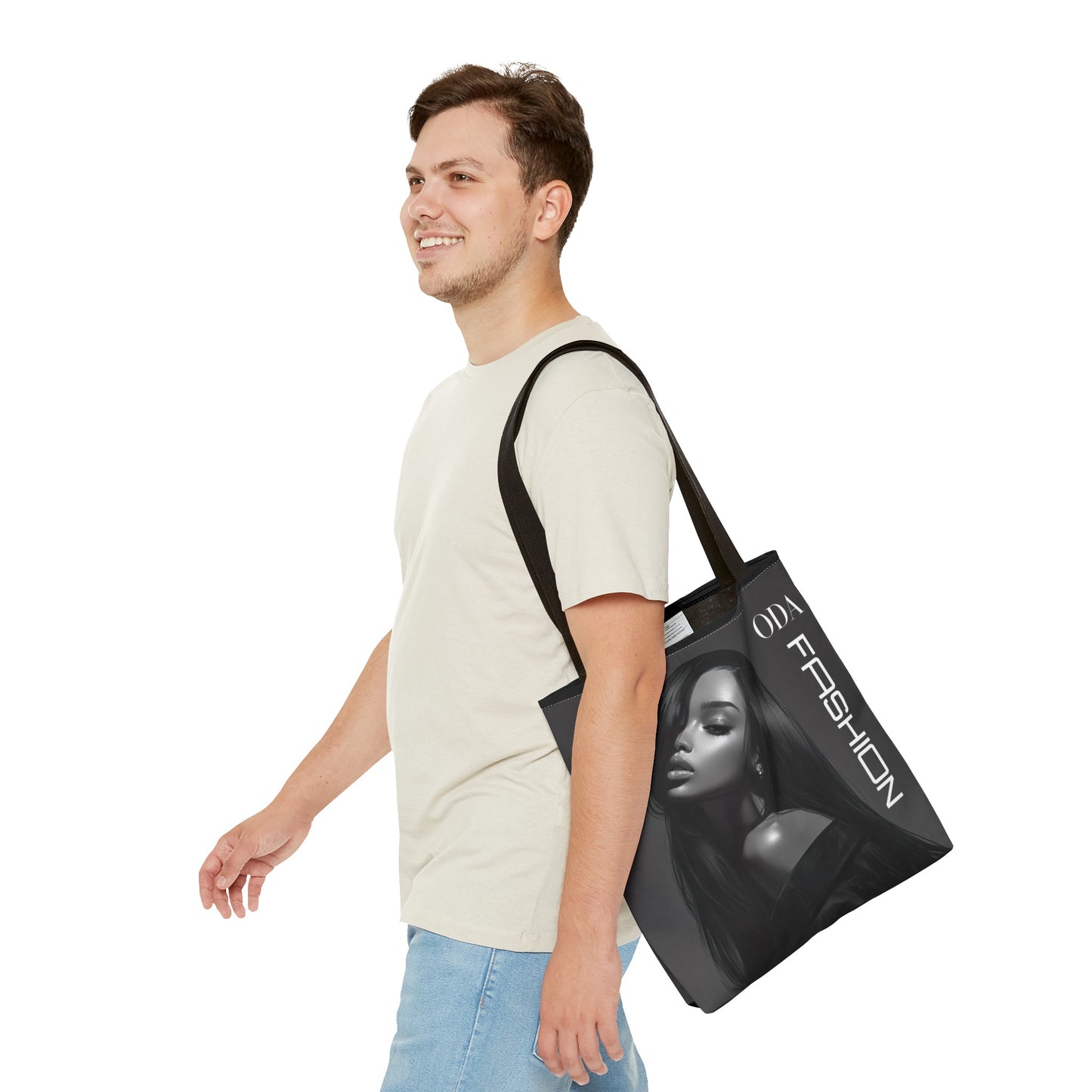 Chic Tote Bag with Digital Print - Woman in Black and Grey - 'ODA Fashion' Statement Piece - Unique Gift Idea - On Trend