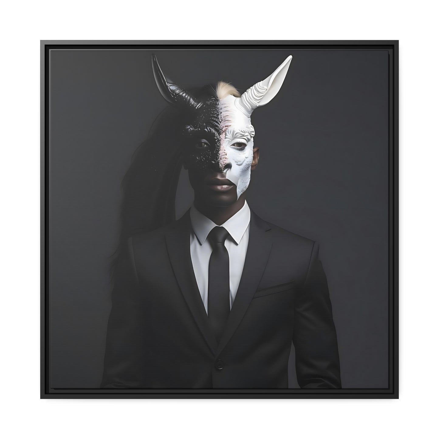 Digital Canvas Print - Man in Black Suit with Merging Horse/Unicorn Head - Dark Art, Surreal Wall Decor - Matte Canvas, Black Frame