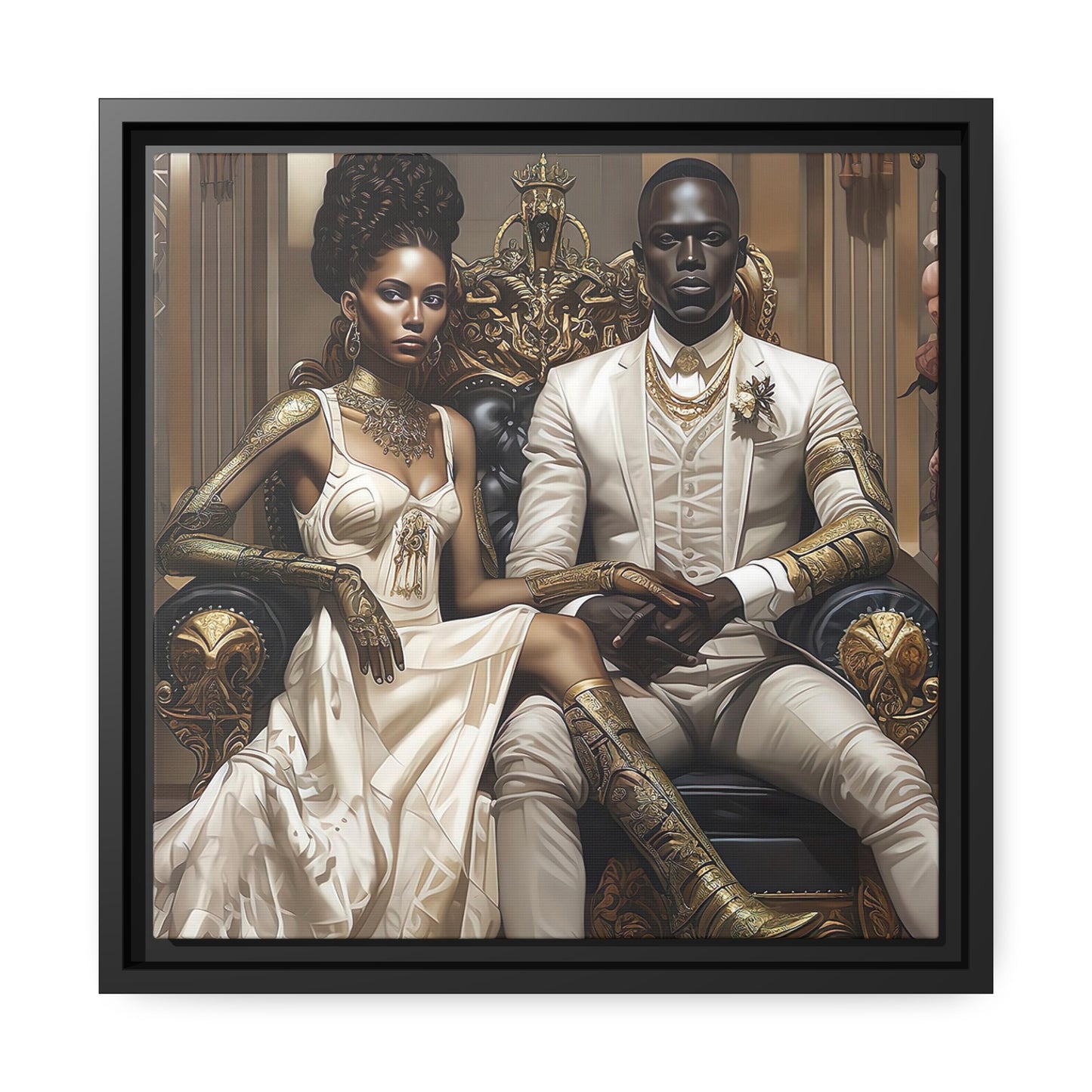 Regal Couple Matte Canvas, Black Frame - Wall Art - Black Art - Ai Art --- Wall Art - Afrofuturism