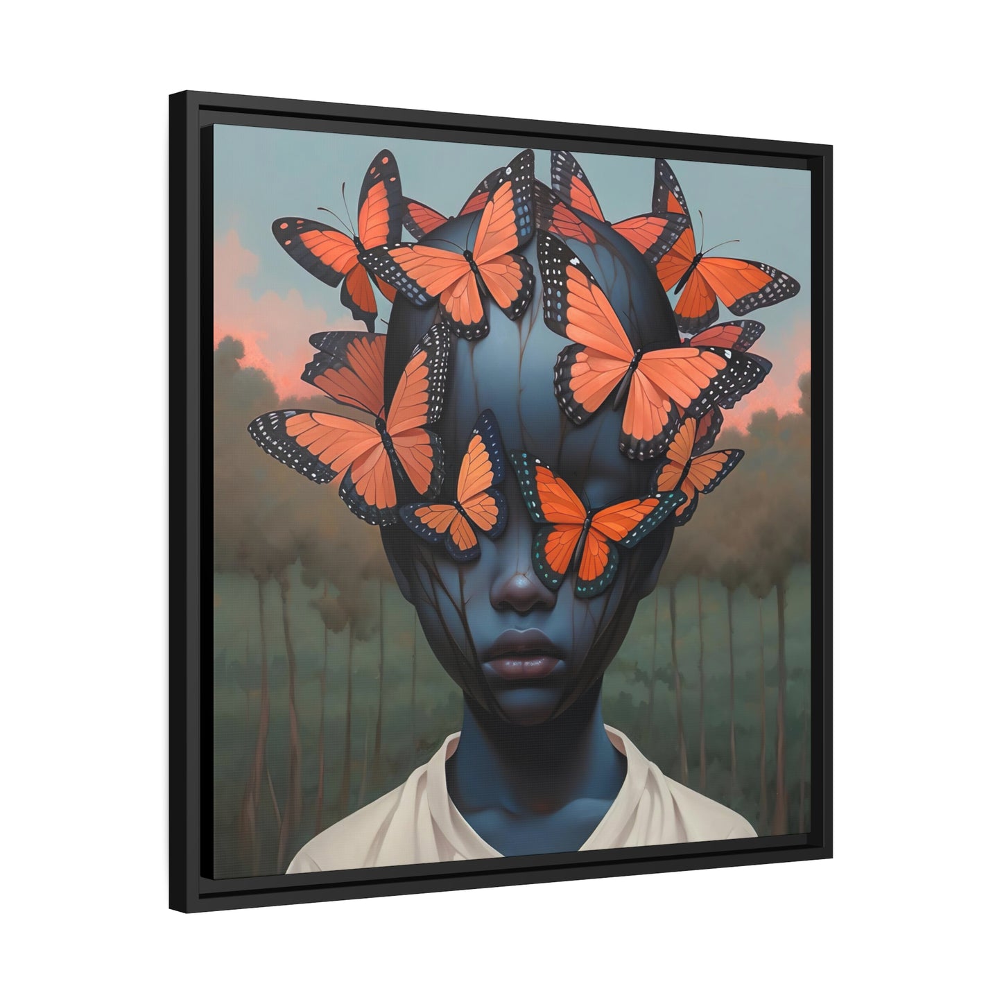 Emotive Digital Canvas Print:  Emotional Butterfly Face - Unique Wall Art Decor - Matte Canvas, Black Frame