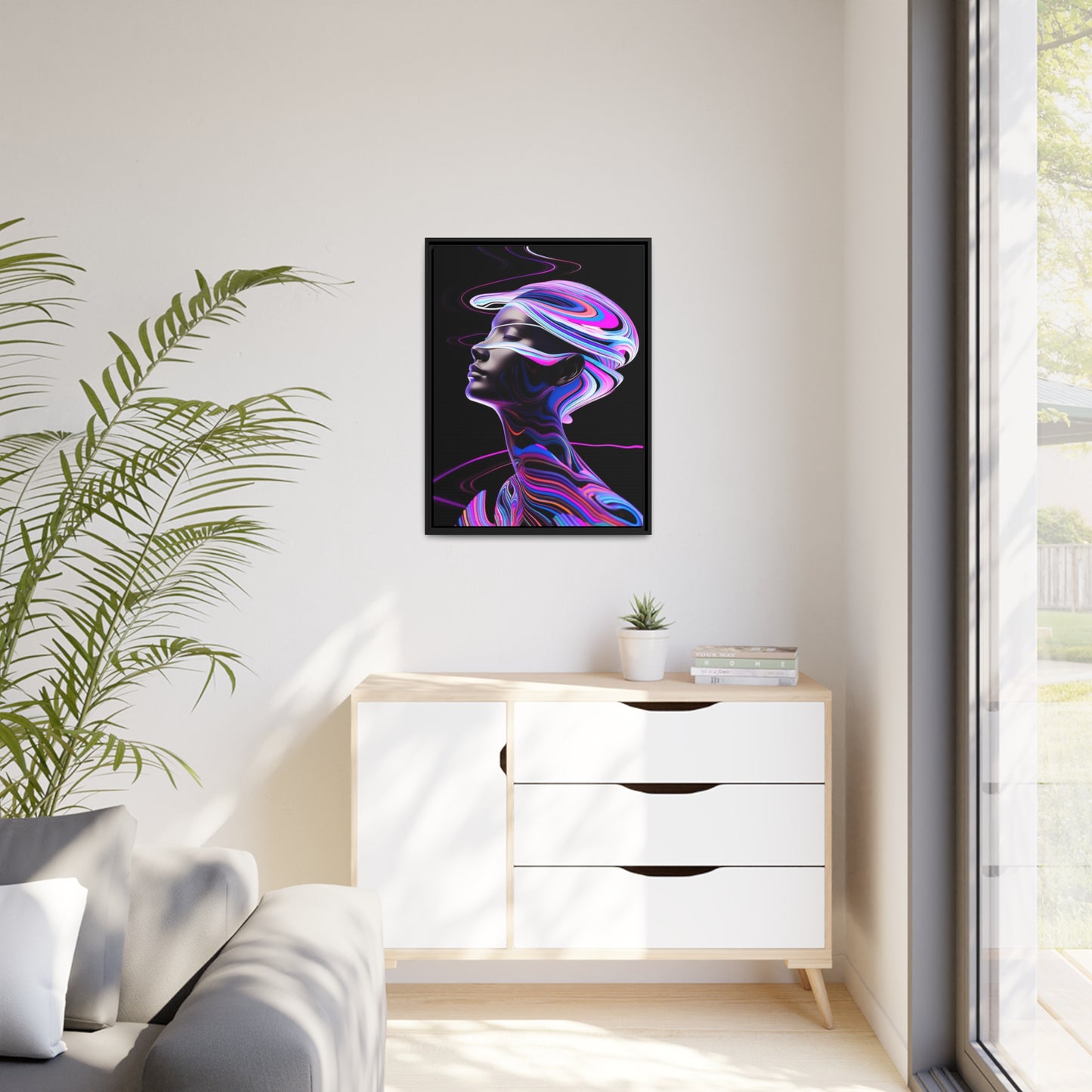 Neon Swirls - Futuristisch en kosmisch - Mat canvas, zwart frame