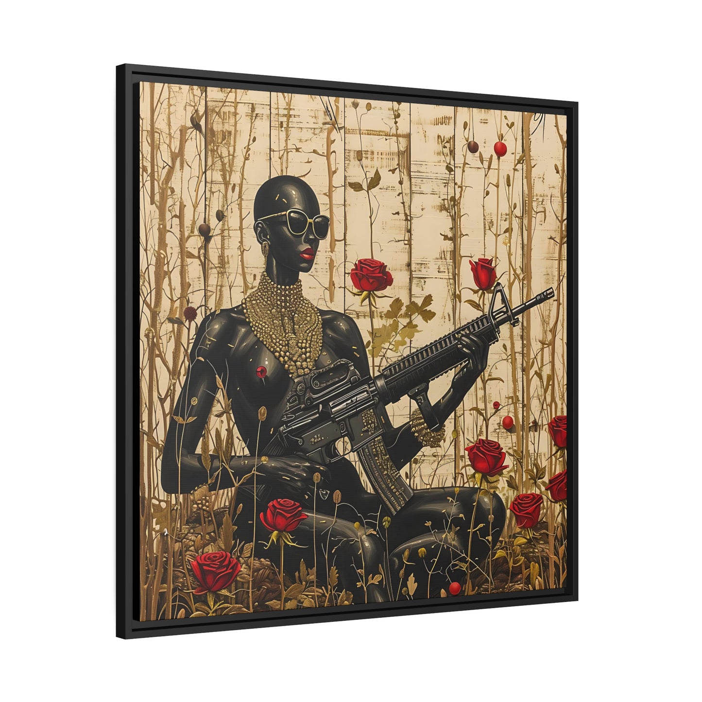 Empowering African Woman Canvas Print - Artistic Setting with Red Roses - Matte Canvas, Black Frame