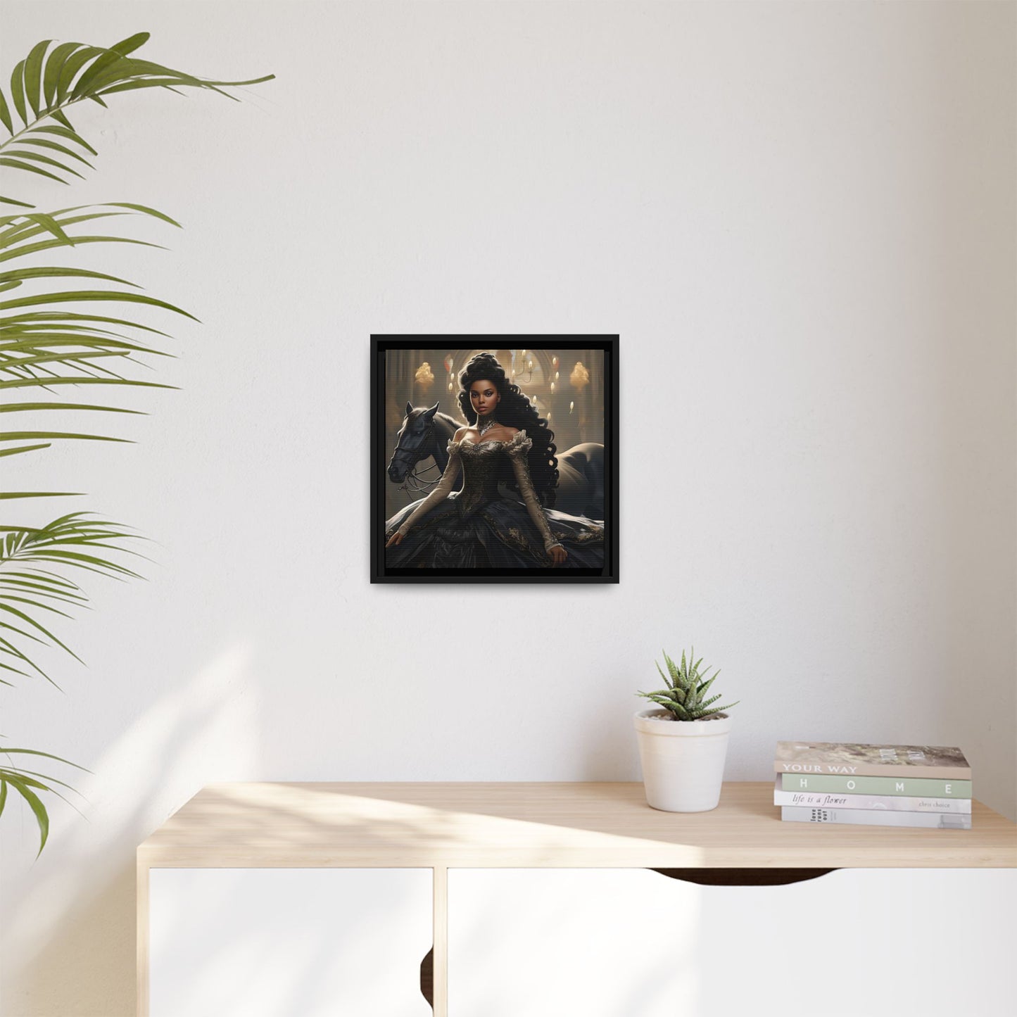 Enchanting Digital Canvas Print of a Beautiful Black Princess with Her Horse - Canvas, Black Frame - Wall Art - Fairytale Ai Art