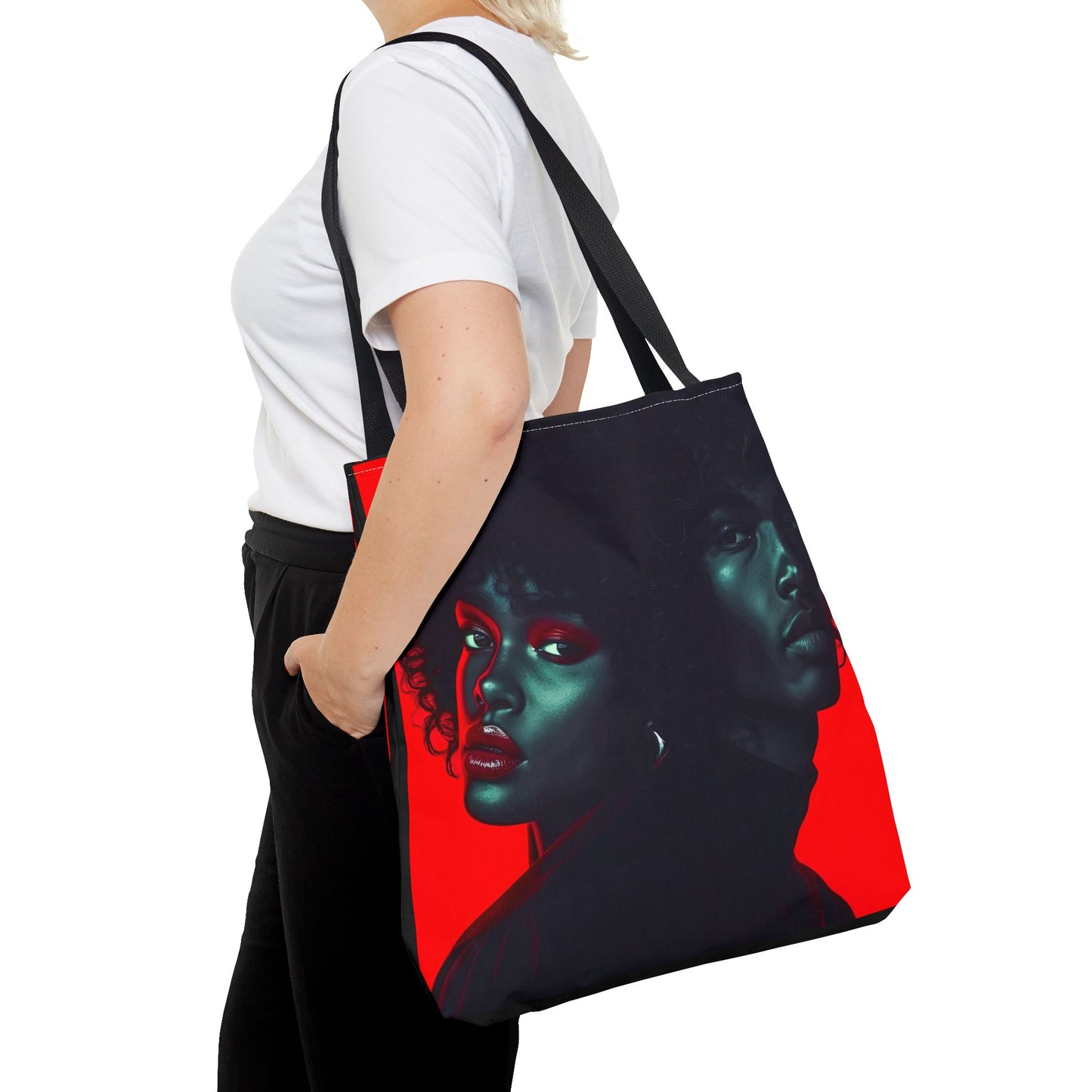 Retro Afro Couple Tote Bag - Stylish Red and Black Digital Print - Unique Fashion Accessory - Tote Bag (AOP) - Gift Idea