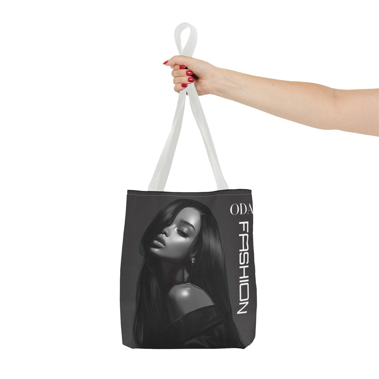 Chic Tote Bag with Digital Print - Woman in Black and Grey - 'ODA Fashion' Statement Piece - Unique Gift Idea - On Trend