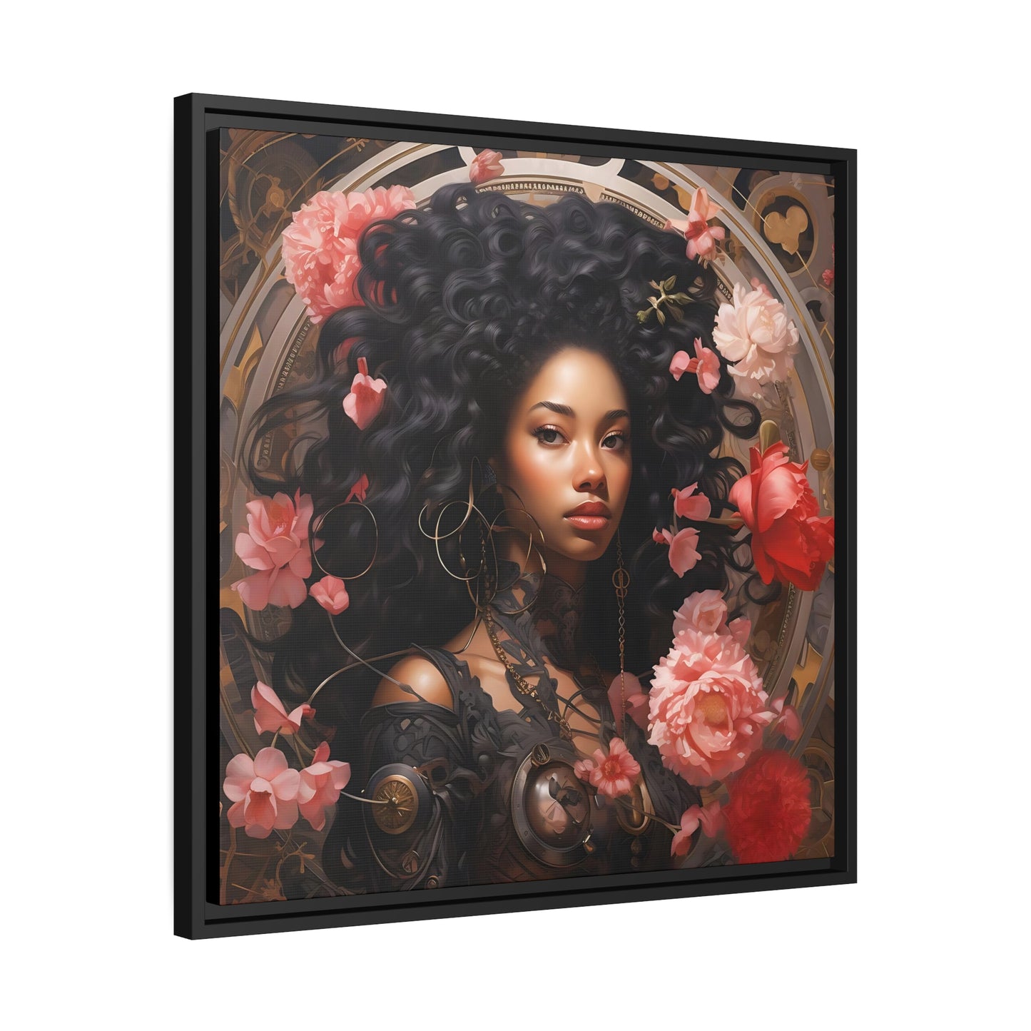 Afrofuturisme canvas digitale kunst van een mooie vrouw met bloemen - mat canvas, zwart frame, kunst aan de muur, cadeau-ideeën, zwarte kunst