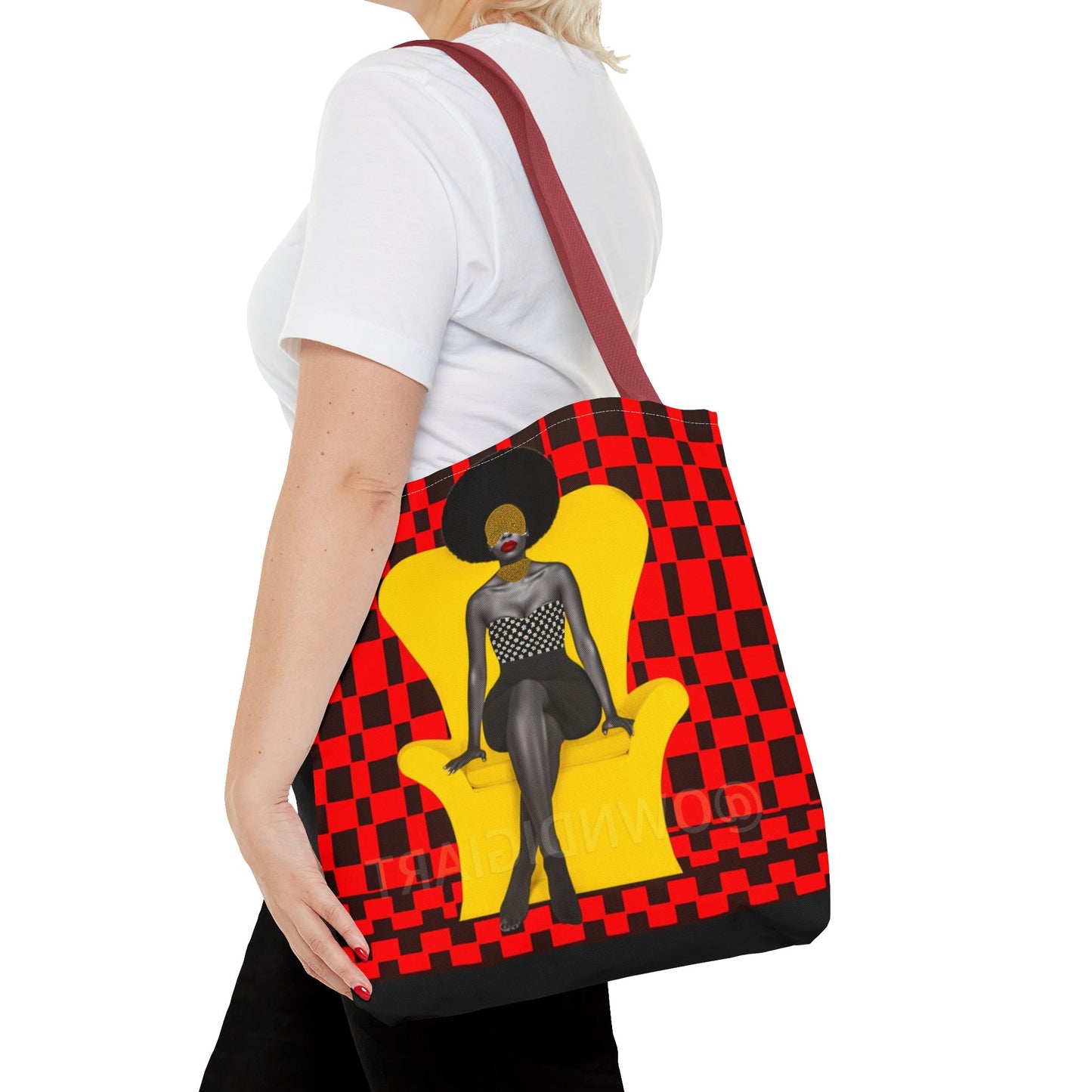 Afrocentric Abstract Print - Elegant Woman with Afro on Chair - Tote Bag - Gift Idea - Fashion Accessory