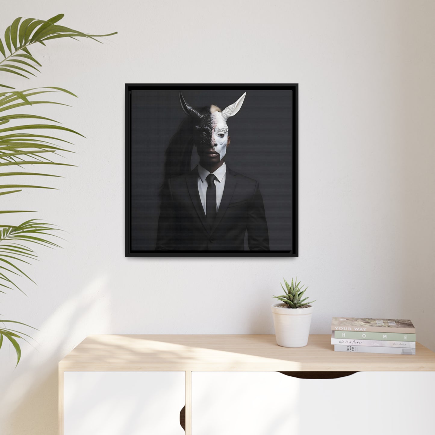 Digital Canvas Print - Man in Black Suit with Merging Horse/Unicorn Head - Dark Art, Surreal Wall Decor - Matte Canvas, Black Frame