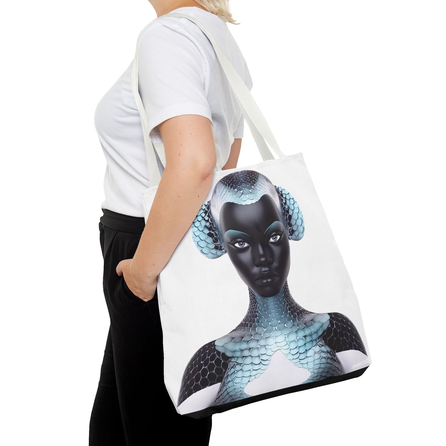 Blue Texture - AI Art - Abstract Woman with Fish Scale Textures - Tote Bag - Gift Idea - Fashion Accessories - Black Art