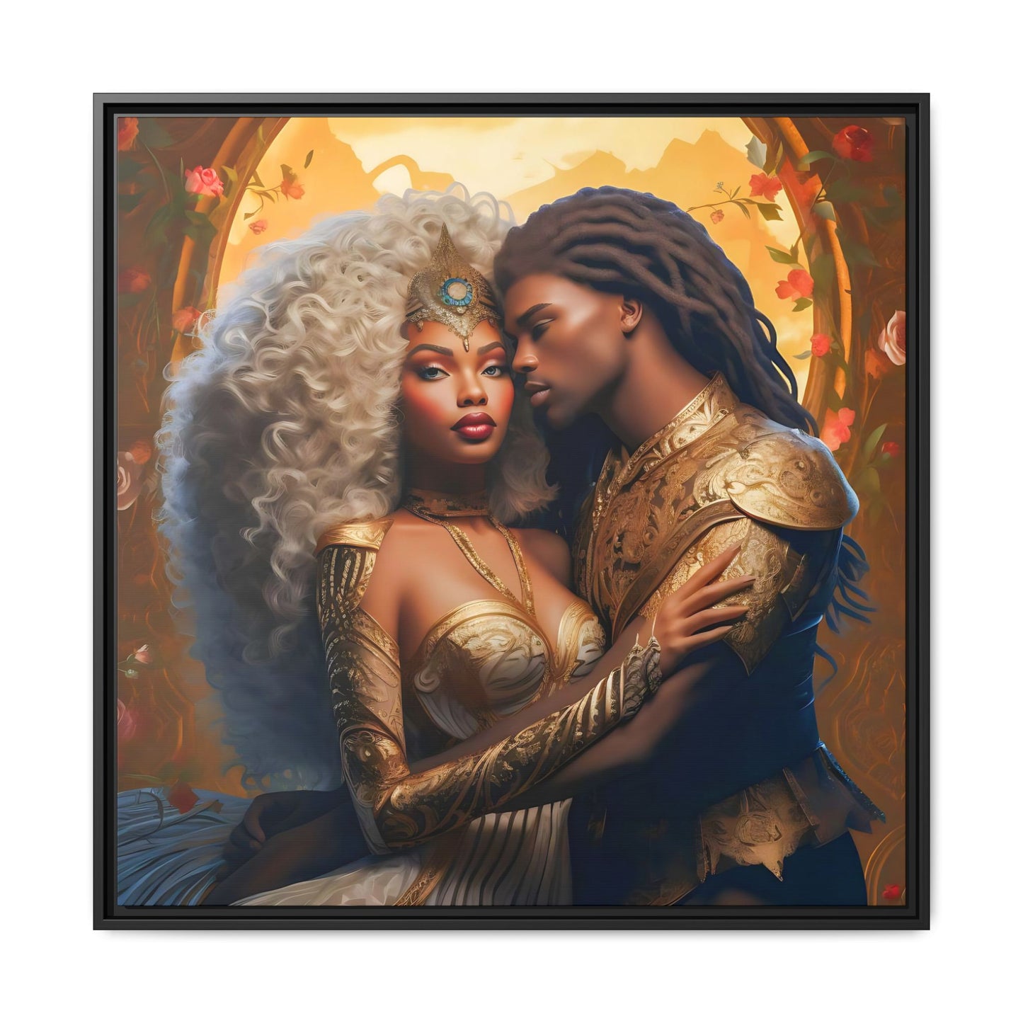 Black Goddess and Prince Fantasy Gold Digital Canvas Print - Matte Canvas, Black Frame - Wall Art - Black Fantasy - Art - Home Decor