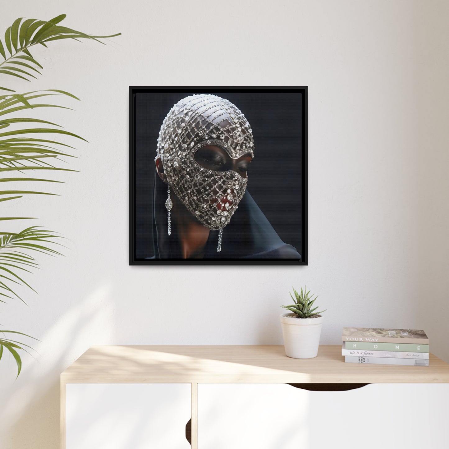 Abstract Woman with Diamond  Mask   Matte Canvas, Black Frame   - Wall Art - Digital Print - Gift Ideas