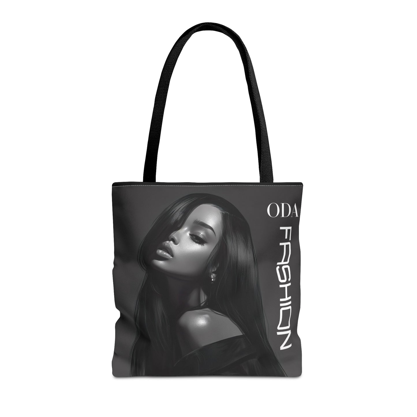 Chic Tote Bag with Digital Print - Woman in Black and Grey - 'ODA Fashion' Statement Piece - Unique Gift Idea - On Trend