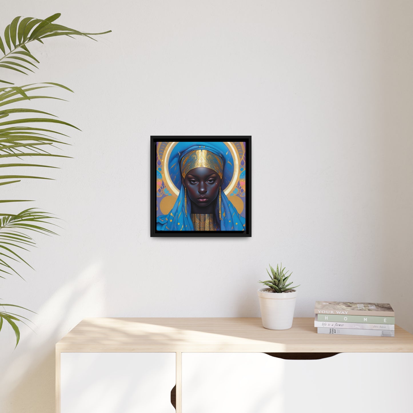 Betoverende blauwe en gouden surrealistische canvasprint - mat canvas, zwart frame