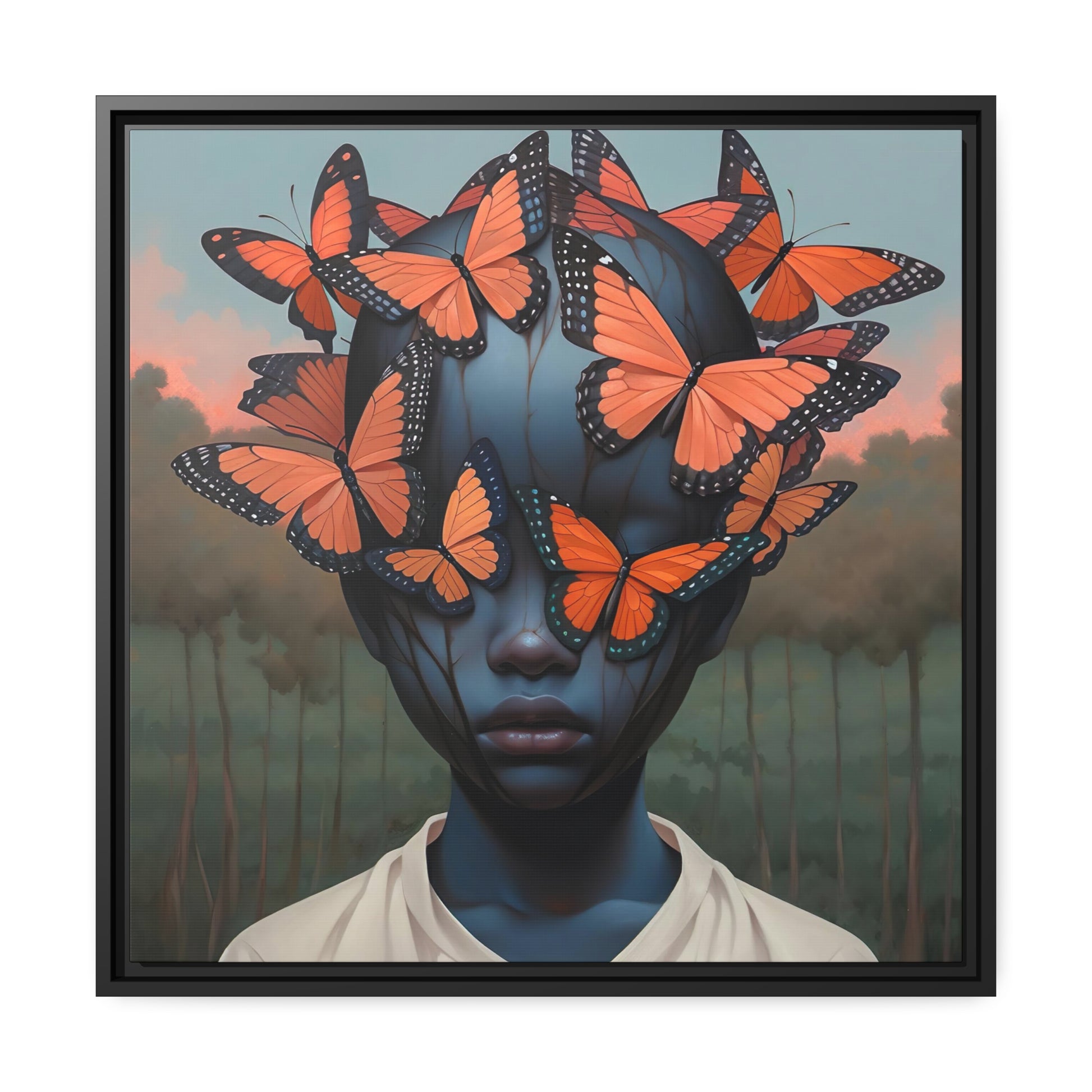 Emotive Digital Canvas Print:  Emotional Butterfly Face - Unique Wall Art Decor - Matte Canvas, Black Frame - Owndigiart