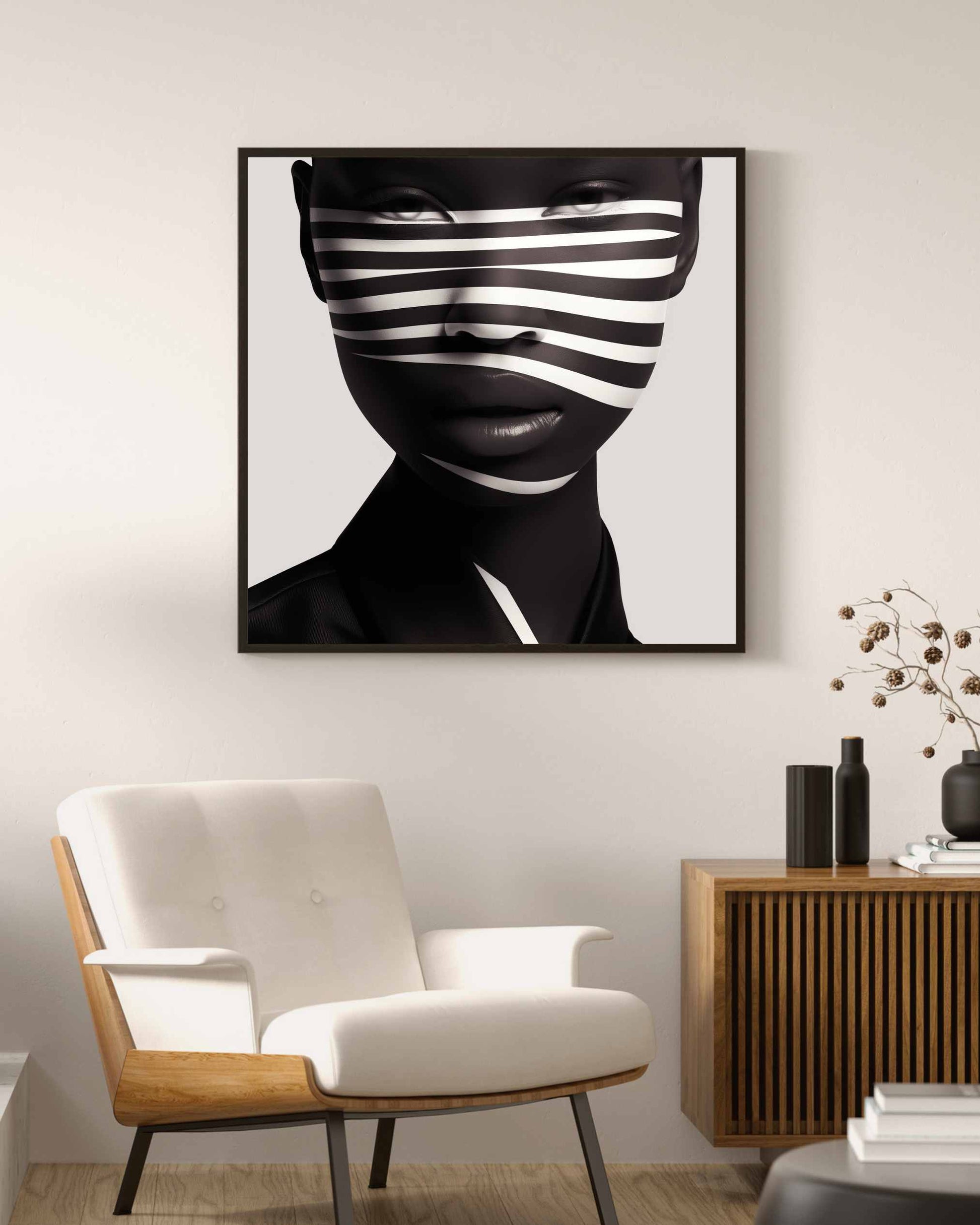 High-Resolution Download - Dark Beauty with Black & White Stripes - Elegant Home Decor - Owndigiart
