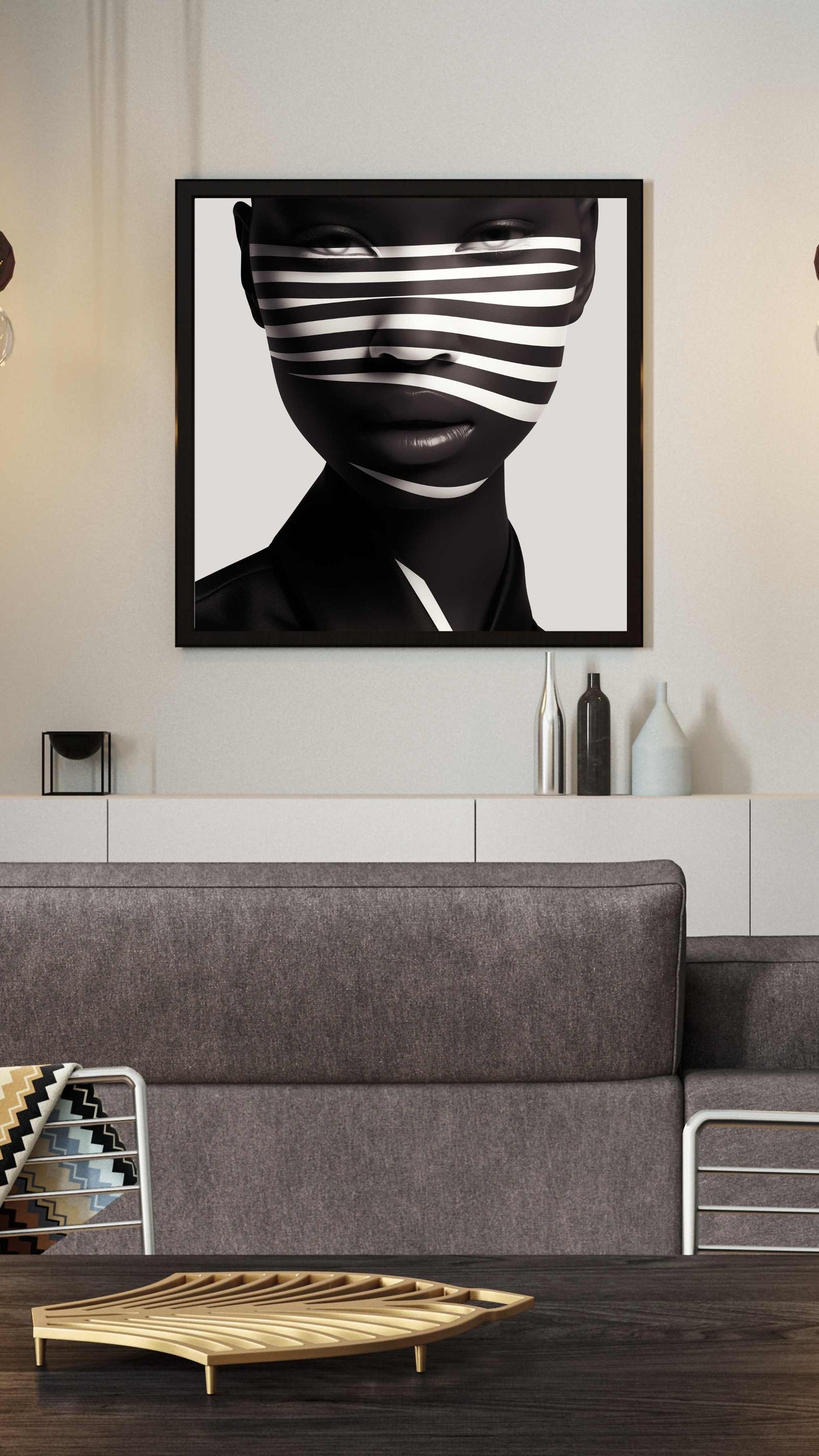 High-Resolution Download - Dark Beauty with Black & White Stripes - Elegant Home Decor - Owndigiart