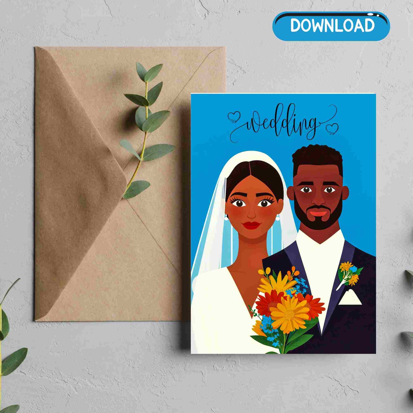 Elegant Foldable Wedding Card Digital Download – Bride and Groom Art