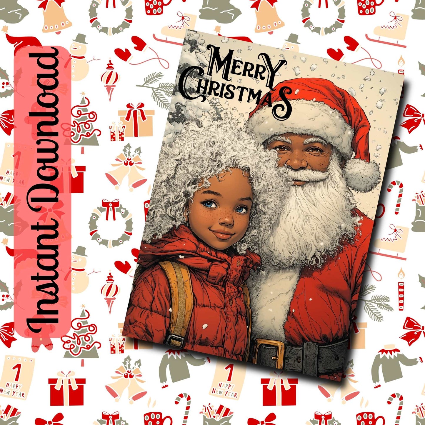 Afro-American Christmas Card Download – Santa and Cute Girl Illustration