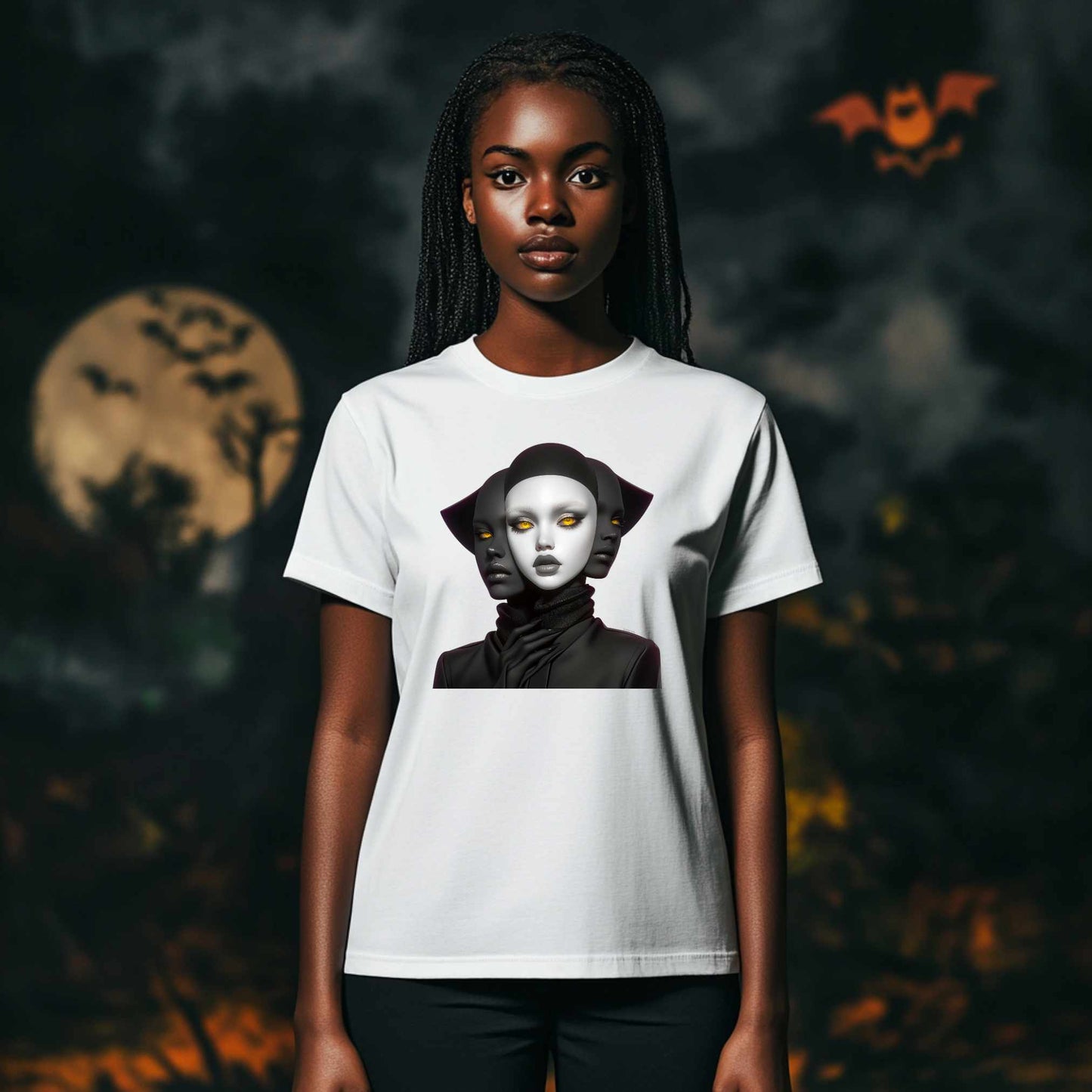 Surreal Multi-Faced Artistic T-Shirt - Black and White Design with Golden Eyes