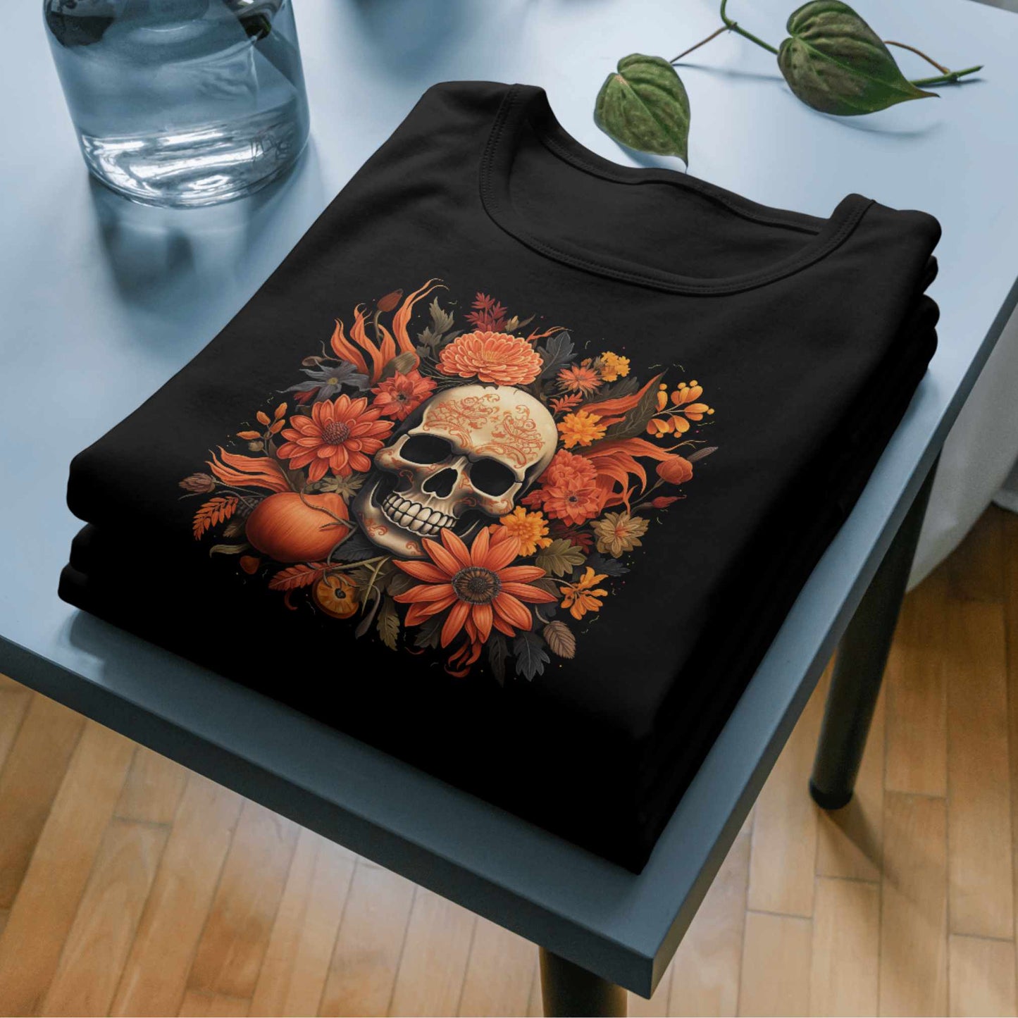 Halloween Flower and Skull Print T-Shirt - Orange & Black Gothic Tee