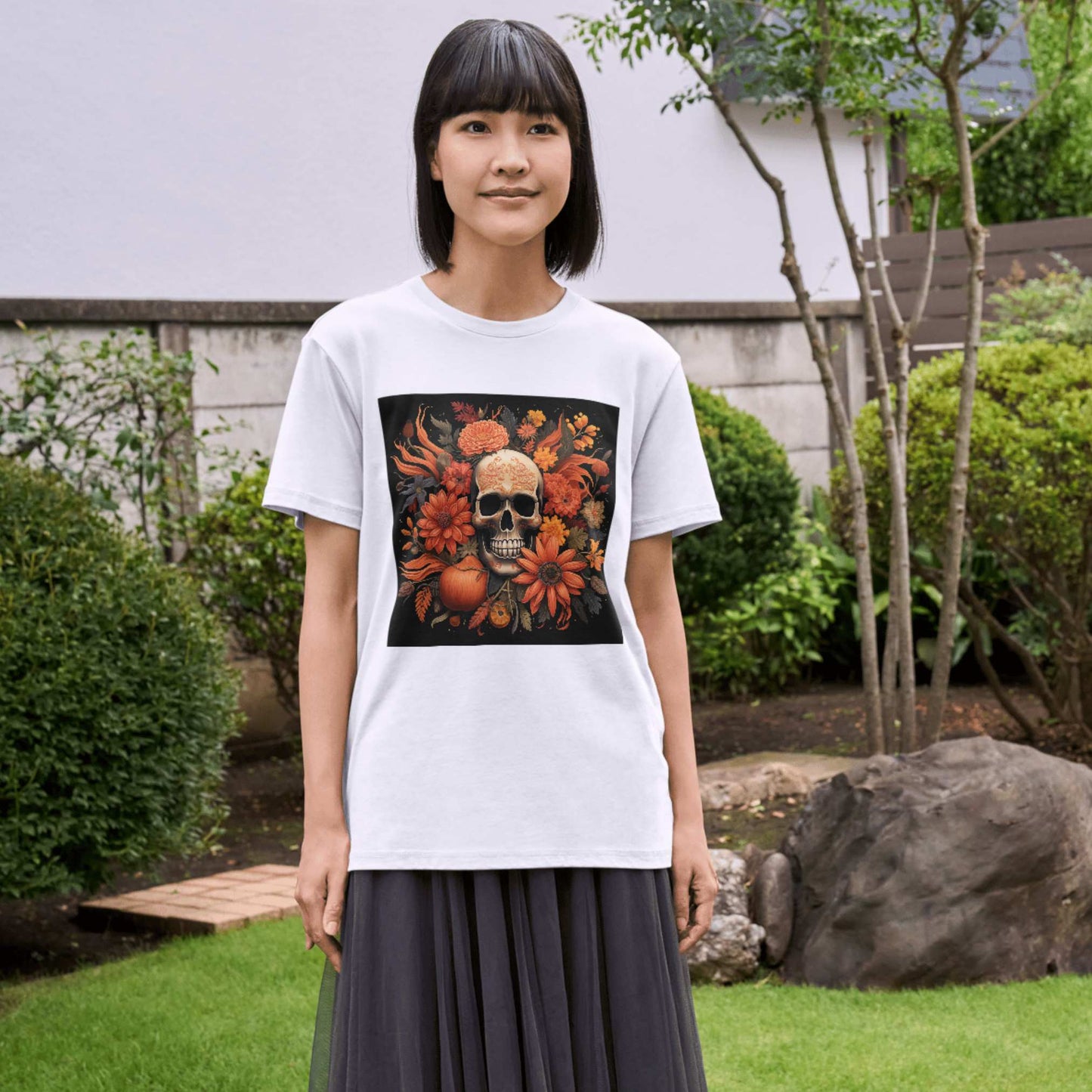 Halloween Flower and Skull Print T-Shirt - Orange & Black Gothic Tee