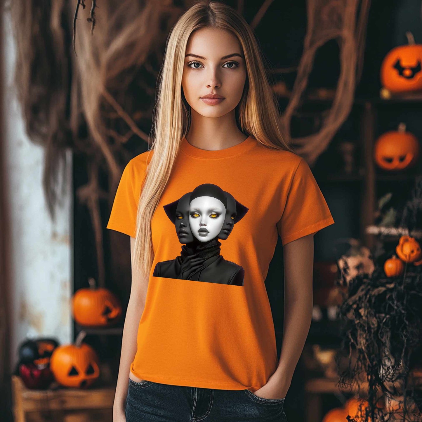 Surreal Multi-Faced Artistic T-Shirt - Black and White Design with Golden Eyes