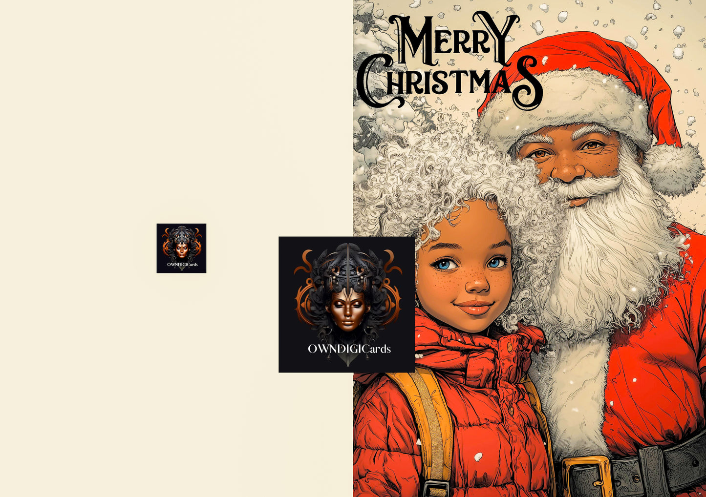 Afro-American Christmas Card Download – Santa and Cute Girl Illustration