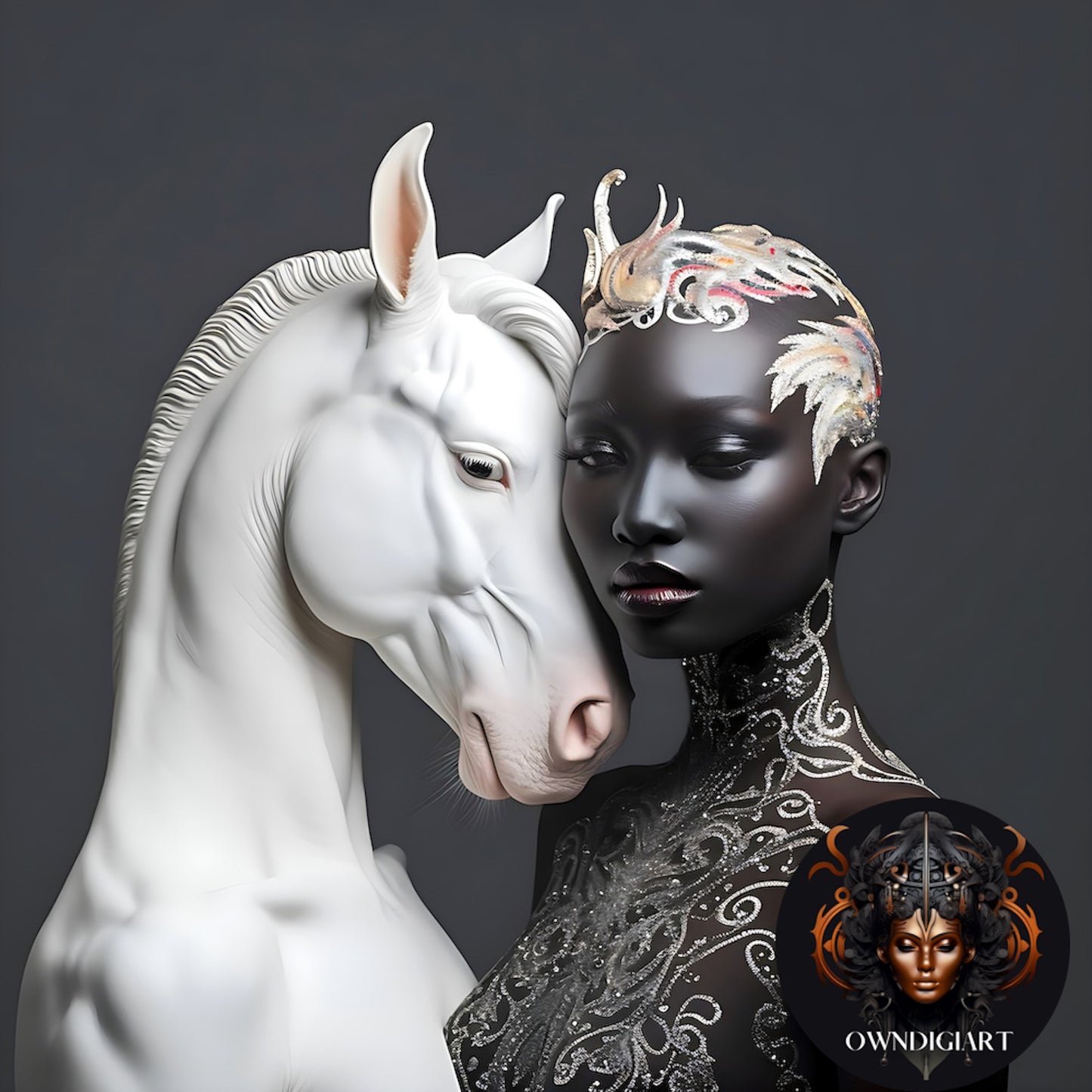 Ethereal Unity -  Majestic White Horse and Elegant Model in a Symbiotic Pose