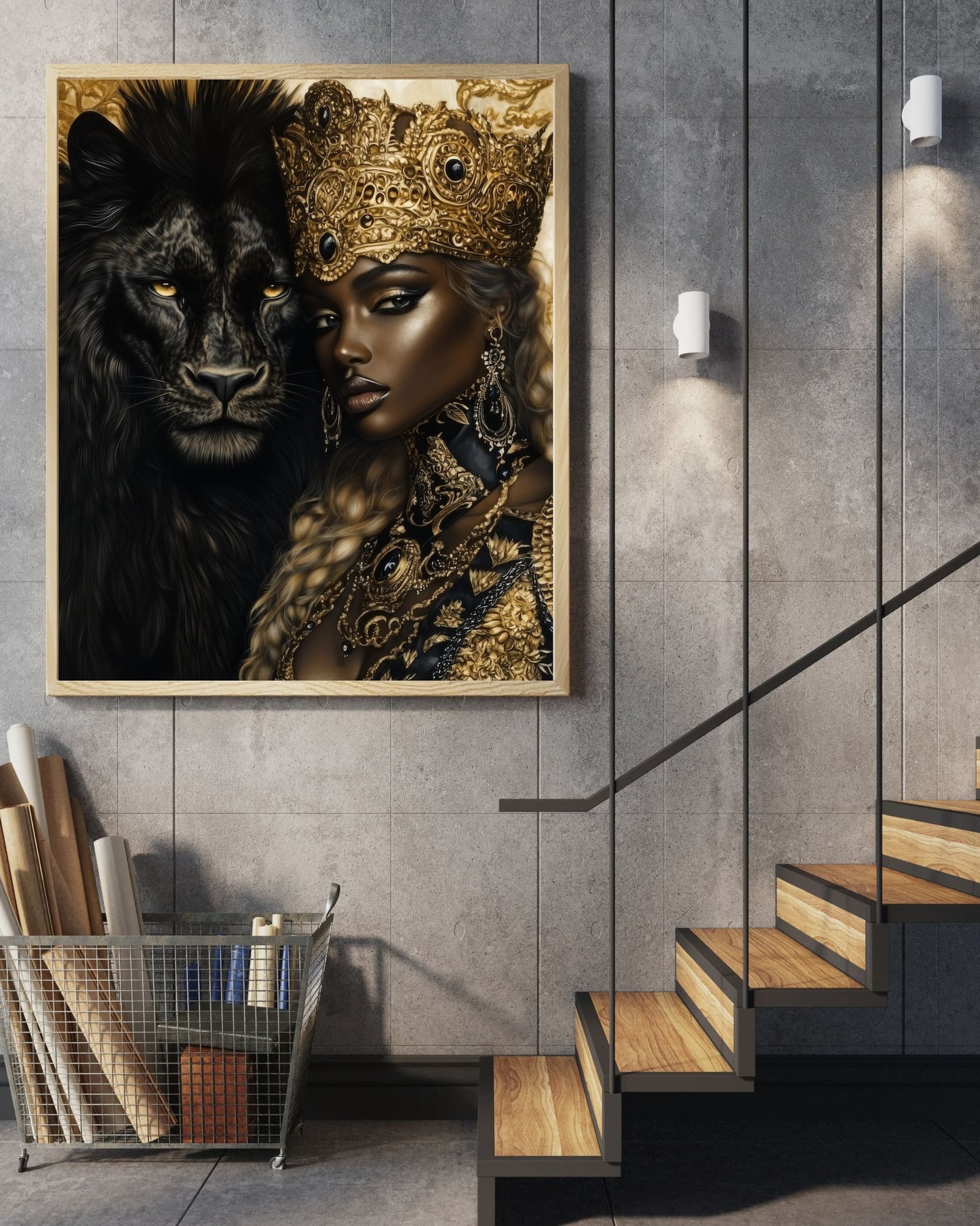 Majestic Black Queen & Lion Fantasy Art - Gold & Black Royal Digital AI Download