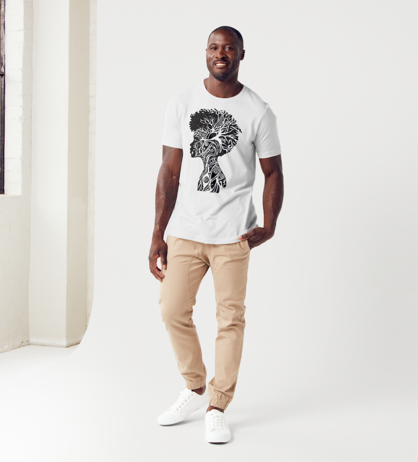 Afro Woman Silhouette T-Shirt – Tribal Nature Design for Everyday Wear