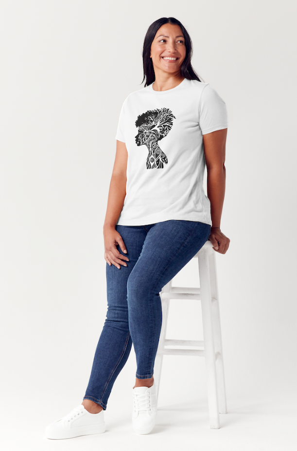Afro Woman Silhouette T-Shirt – Tribal Nature Design for Everyday Wear