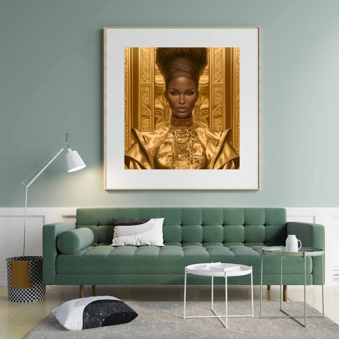 Elegant Digital Portrait Download - Black Woman with Gold Accents - Owndigiart